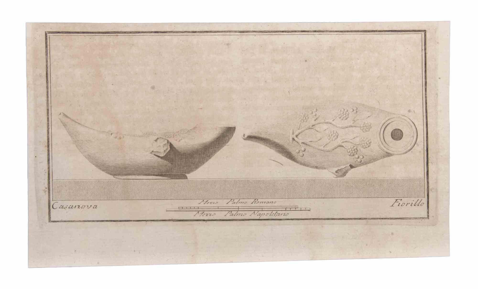 Lampada a olio con decorazione - Acquaforte di Giovanni Battista Casanova - XVIII secolo