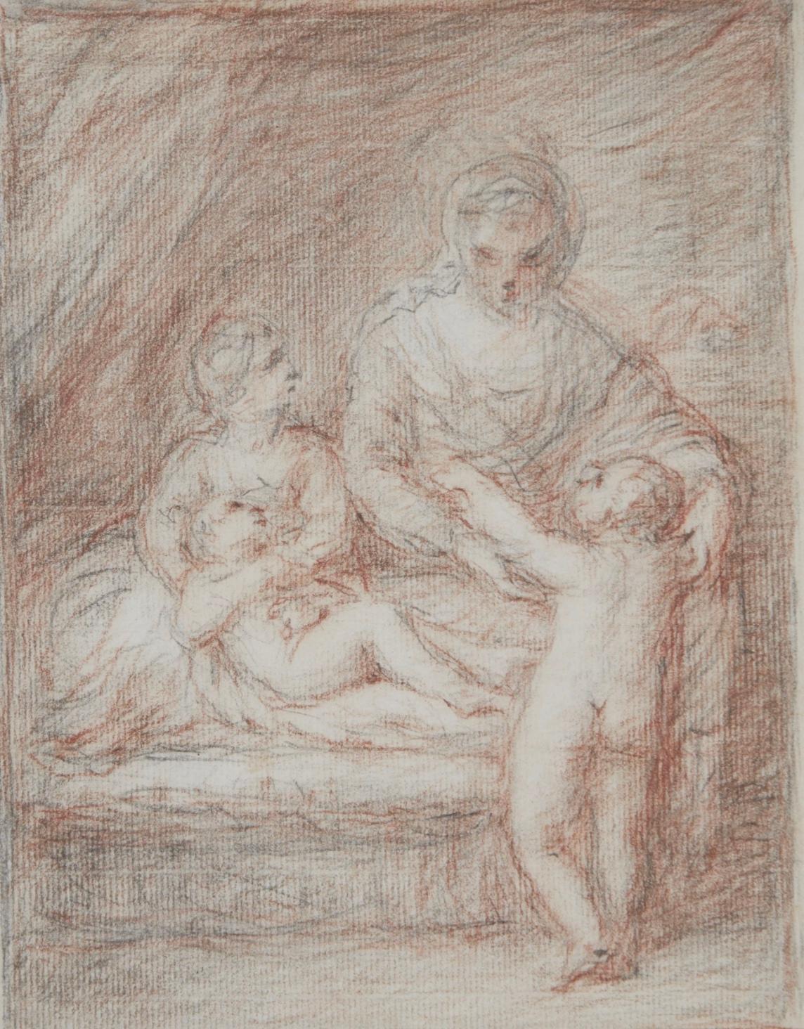 Beau dessin de maître italien du 18e siècle Mère & Child & Child - Art de Giovanni Battista Cipriani