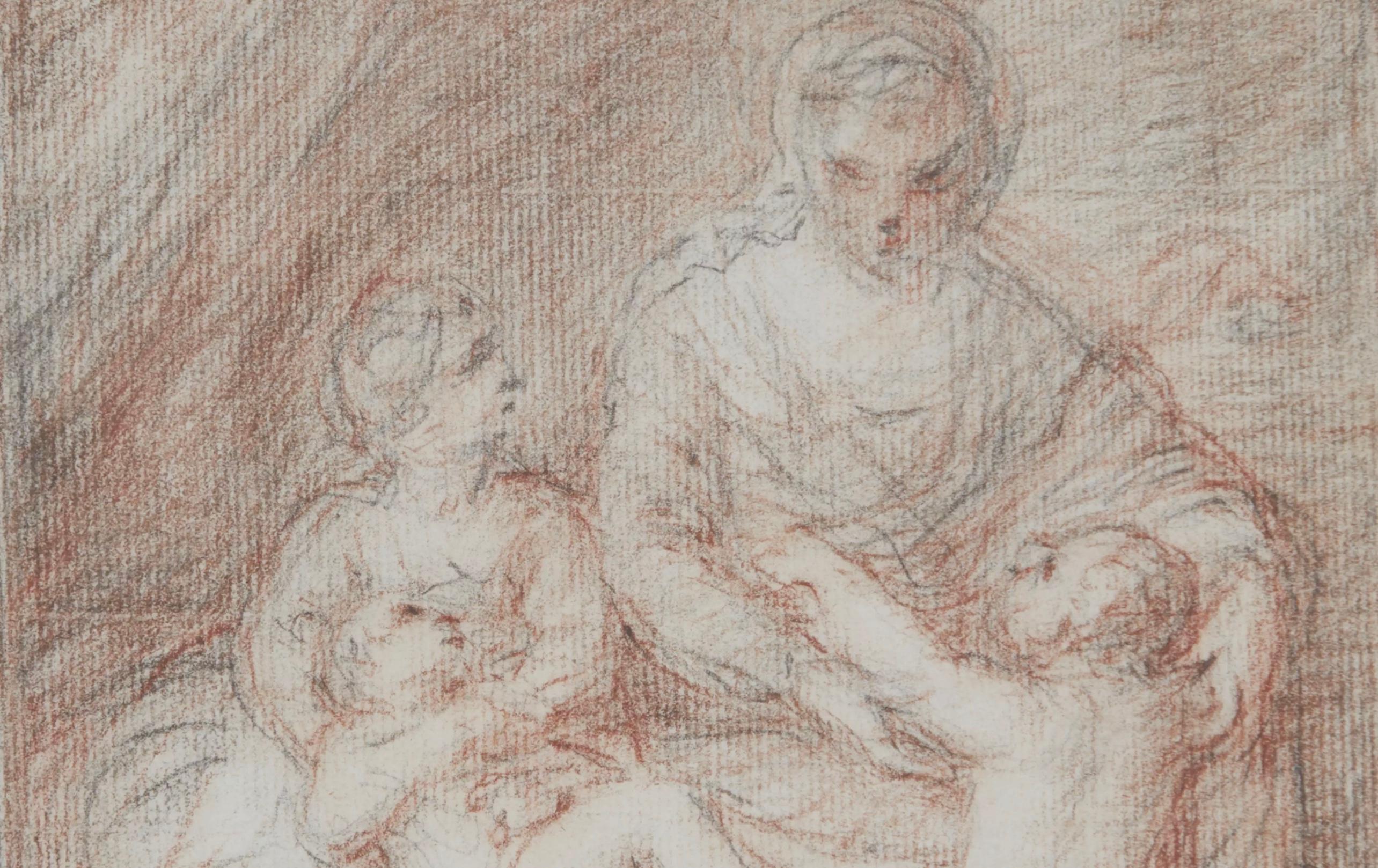 Beau dessin de maître italien du 18e siècle Mère & Child & Child - Maîtres anciens Art par Giovanni Battista Cipriani