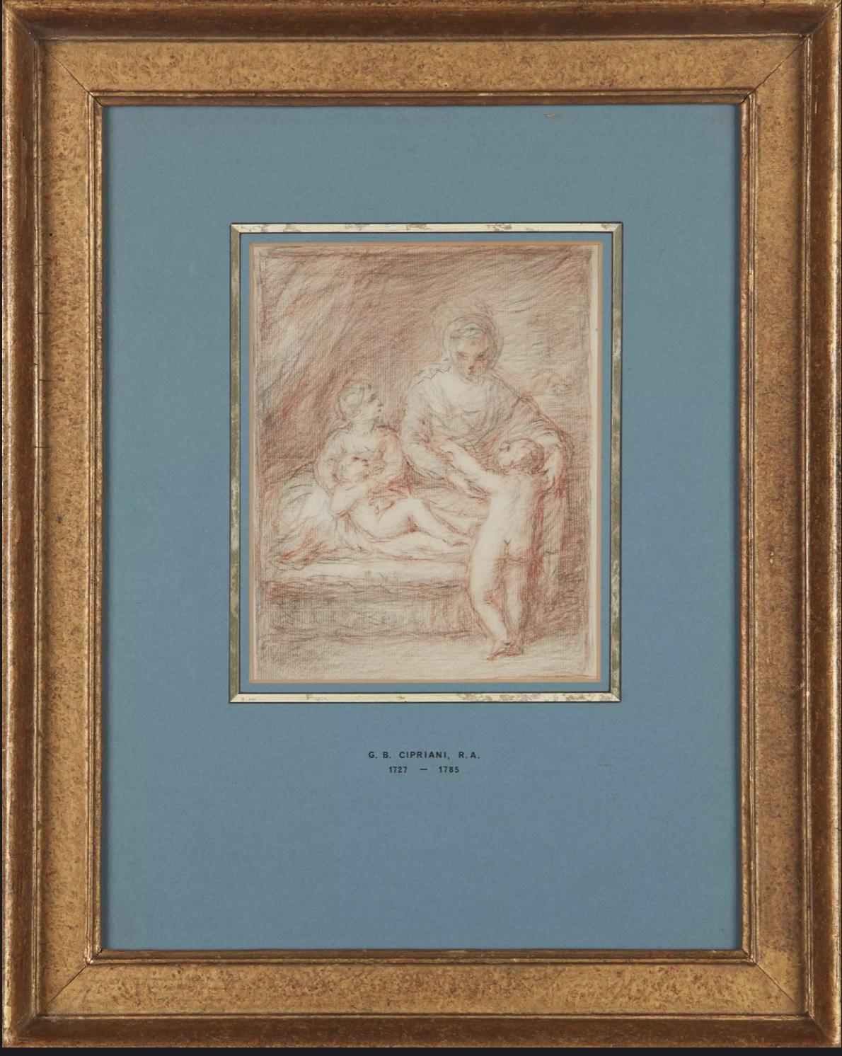 Beau dessin de maître italien du 18e siècle Mère & Child & Child