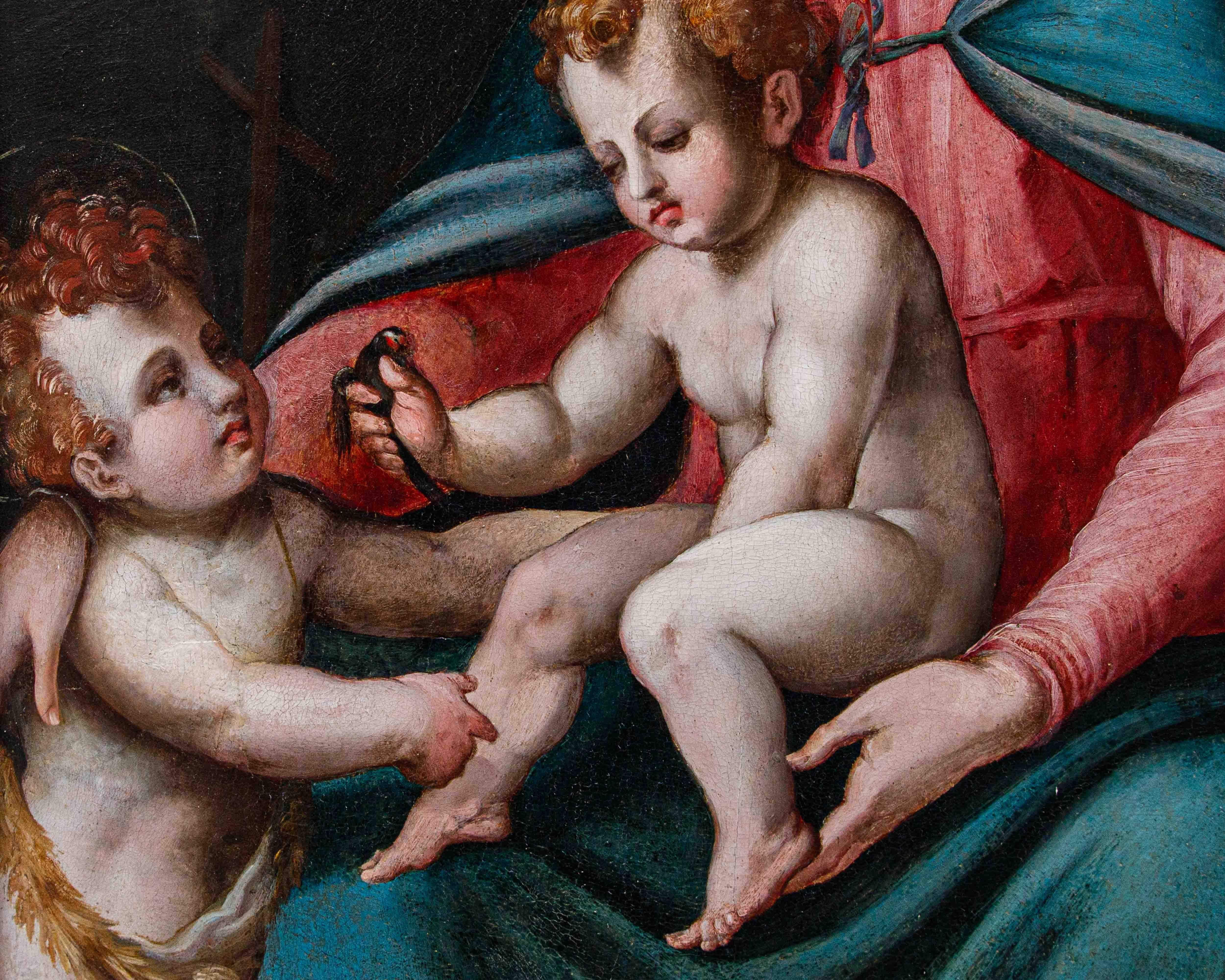 Di Giovanni Battista del Verrocchio, Madonna con Bambino e San Giovannino - Painting Altro stile artistico di Giovanni Battista del Verrocchio 