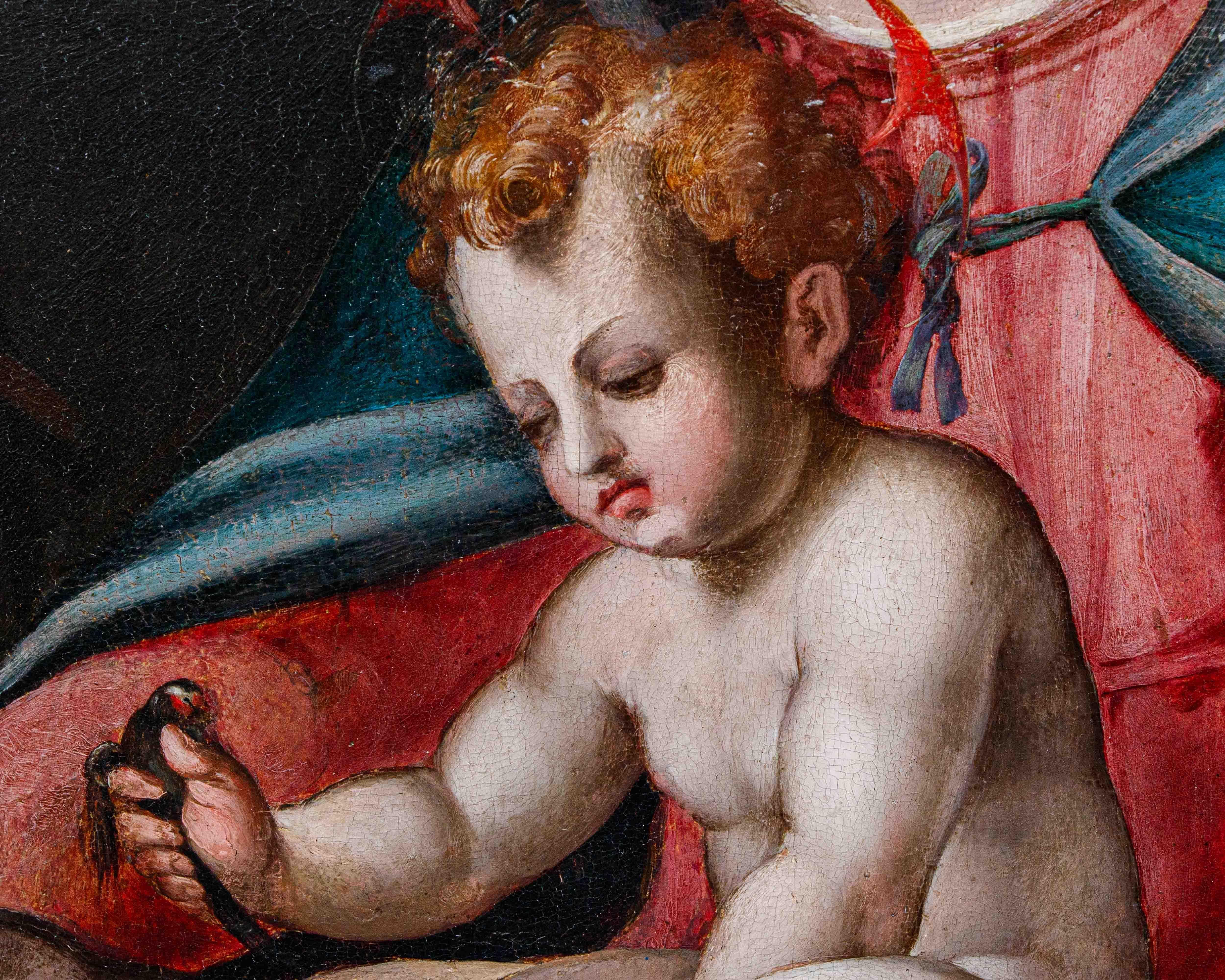 Di Giovanni Battista del Verrocchio, Madonna con Bambino e San Giovannino - Figurative Painting Brown di Giovanni Battista del Verrocchio 
