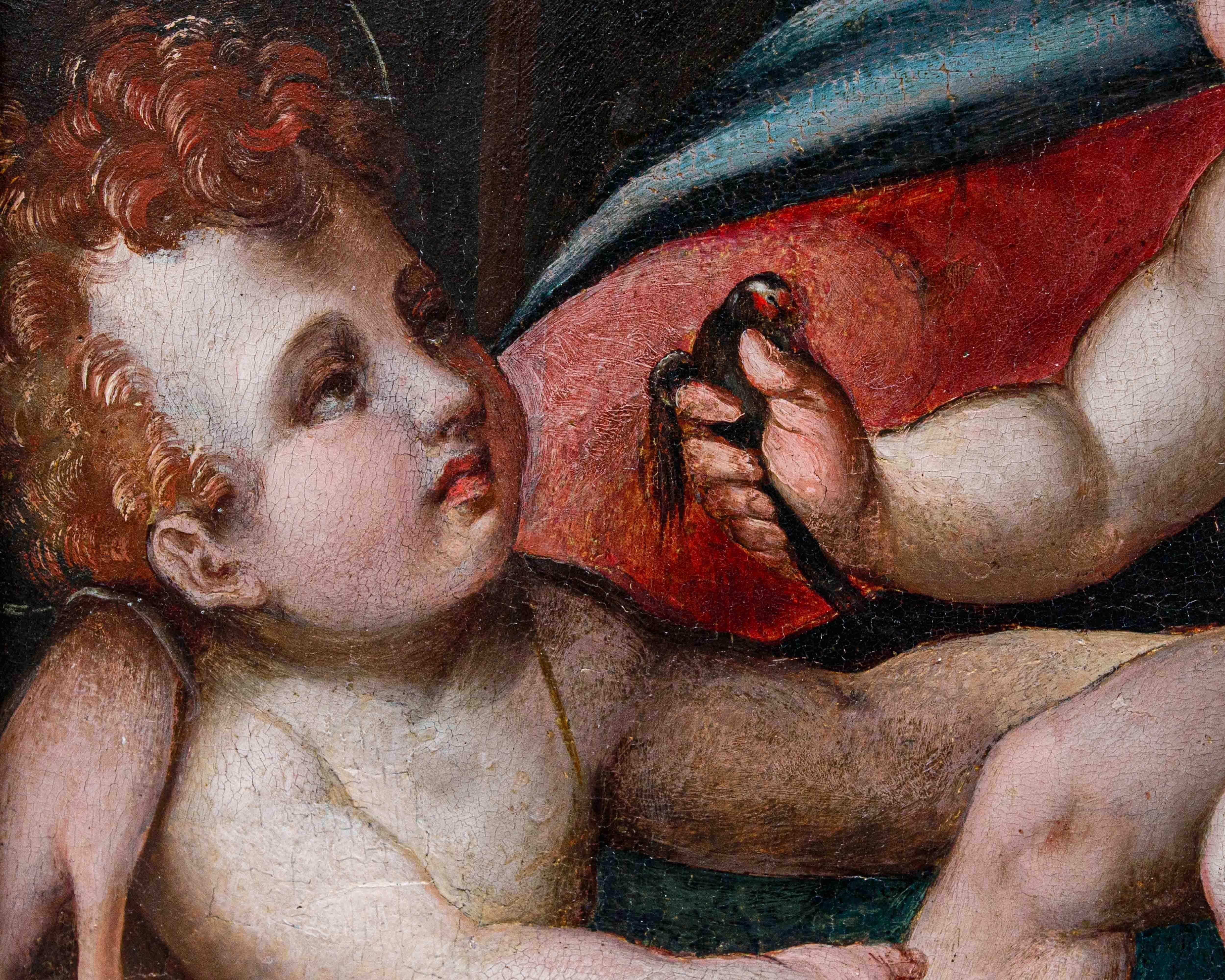 Giovanni Battista del Verrocchio, detto Il Maestro di Volterra (Firenze 1494 - 1569)

Madonna con Bambino e San Giovannino

Olio su tavola, cm 63 x 50

Cornice: cm 92 x 80

Gli elementi stilistici di questa tavola rivelano la mano di un valente