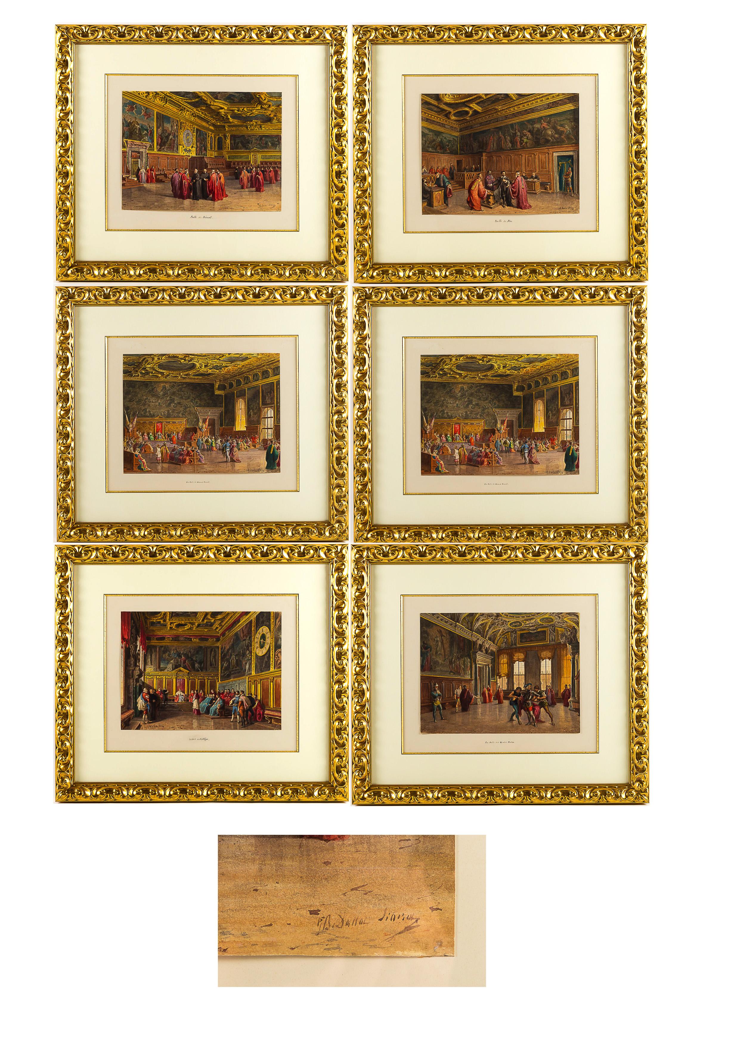 Giovanni Battista Della Libera Rare set of six watercolor views of Doge’s Palace in Venice, circa 1850

A unique and gorgeous set of six watercolor views of Doge’s Palace one Venice depicting:
The Four Doors.
Antechamber to the Hall of the Full