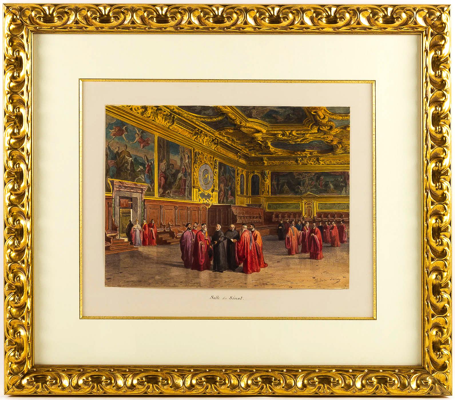 Italian Giovanni Battista Della Libera Rare Set of Six Watercolor Views of Doge’s Palace