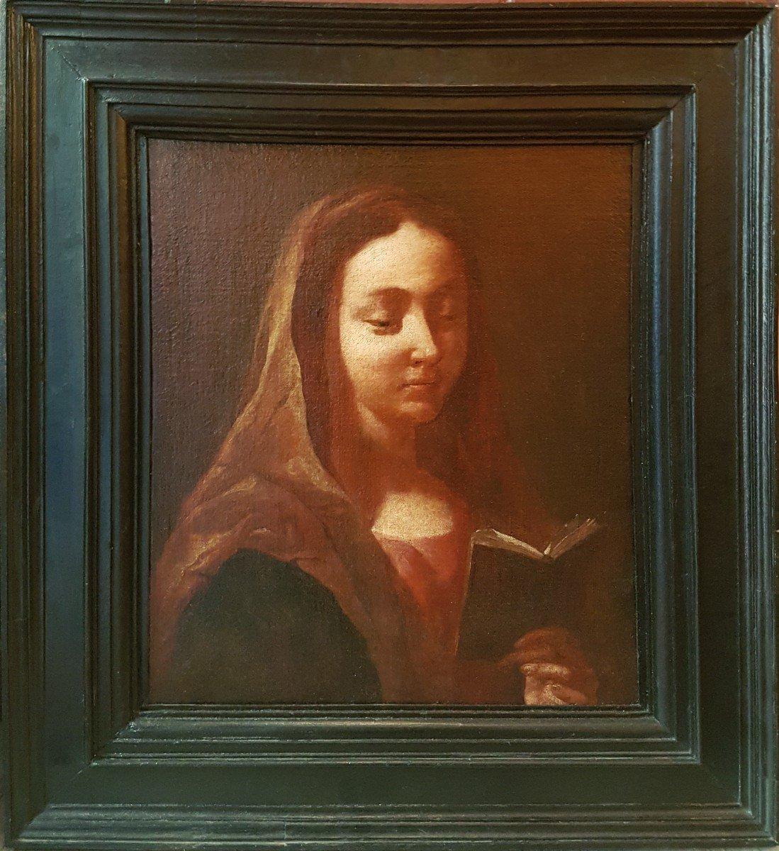 Giovanni Battista Piazzetta Portrait Painting – Gemälde frühen 18. venezianischen PIAZZETTA Öl Leinwand Jungfrau Maria ein Buch lesen
