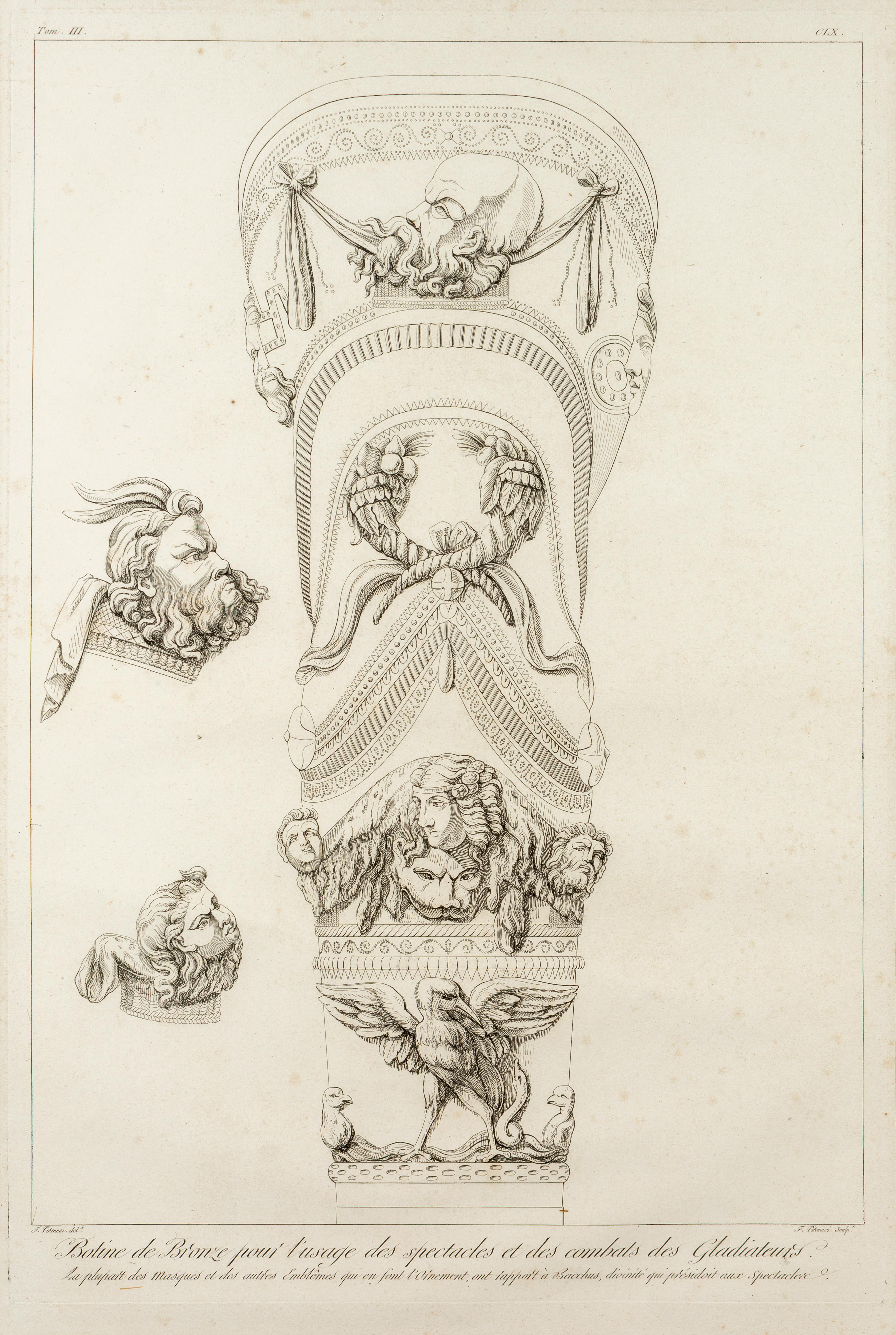 Grande gravure du 19e siècle réalisée par Giovanni Battista Piranesi représentant la décoration de l'armure des jambes portée par un gladiateur romain. L'illustration comprend des masques et des emblèmes de Bacchus. Imprimé à Paris à partir des