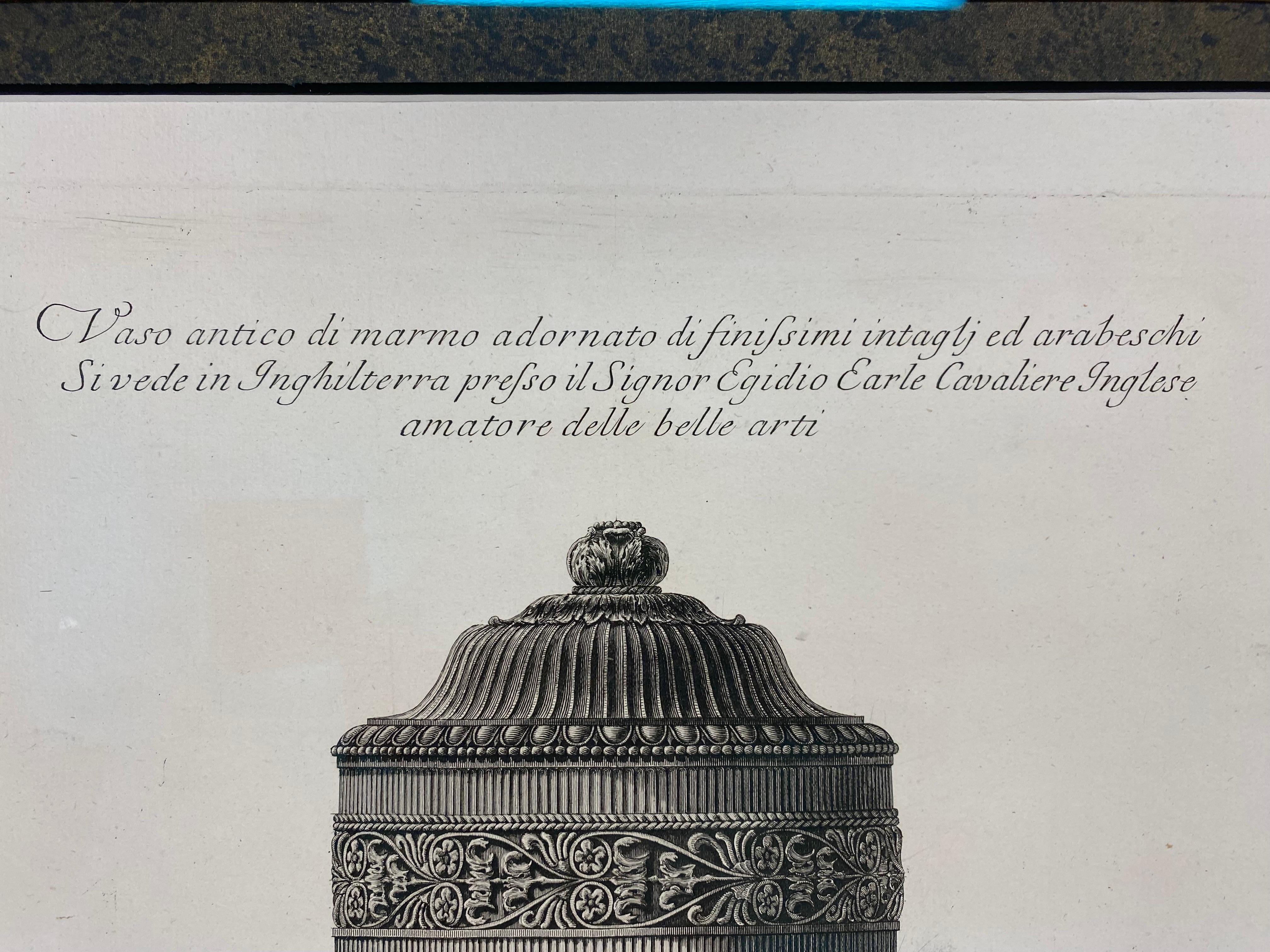 This is a Giovanni Battista piranesi copper etching. Giovanni did these copper plates in the 1770s and these prints are a restrike from Rome using those copper plates. This etching of a bronze urn is presented in a custom frame and Matt boards. The