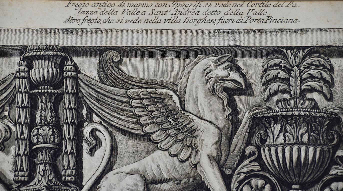 Ancient Roman Architectural Frieze: An 18th C. Piranesi Etching - Gray Still-Life Print by Giovanni Battista Piranesi