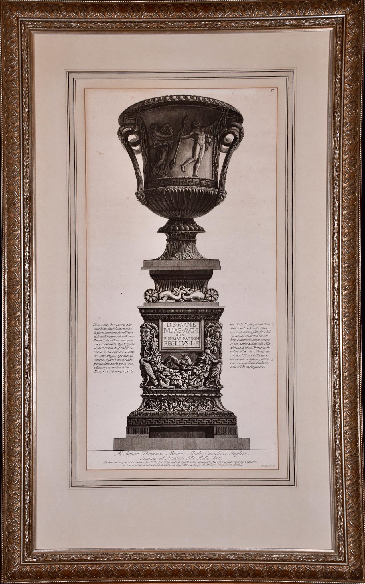 A Framed 18th C. Piranesi Etching of an Ancient Marble Vase from Hadrian's Villa