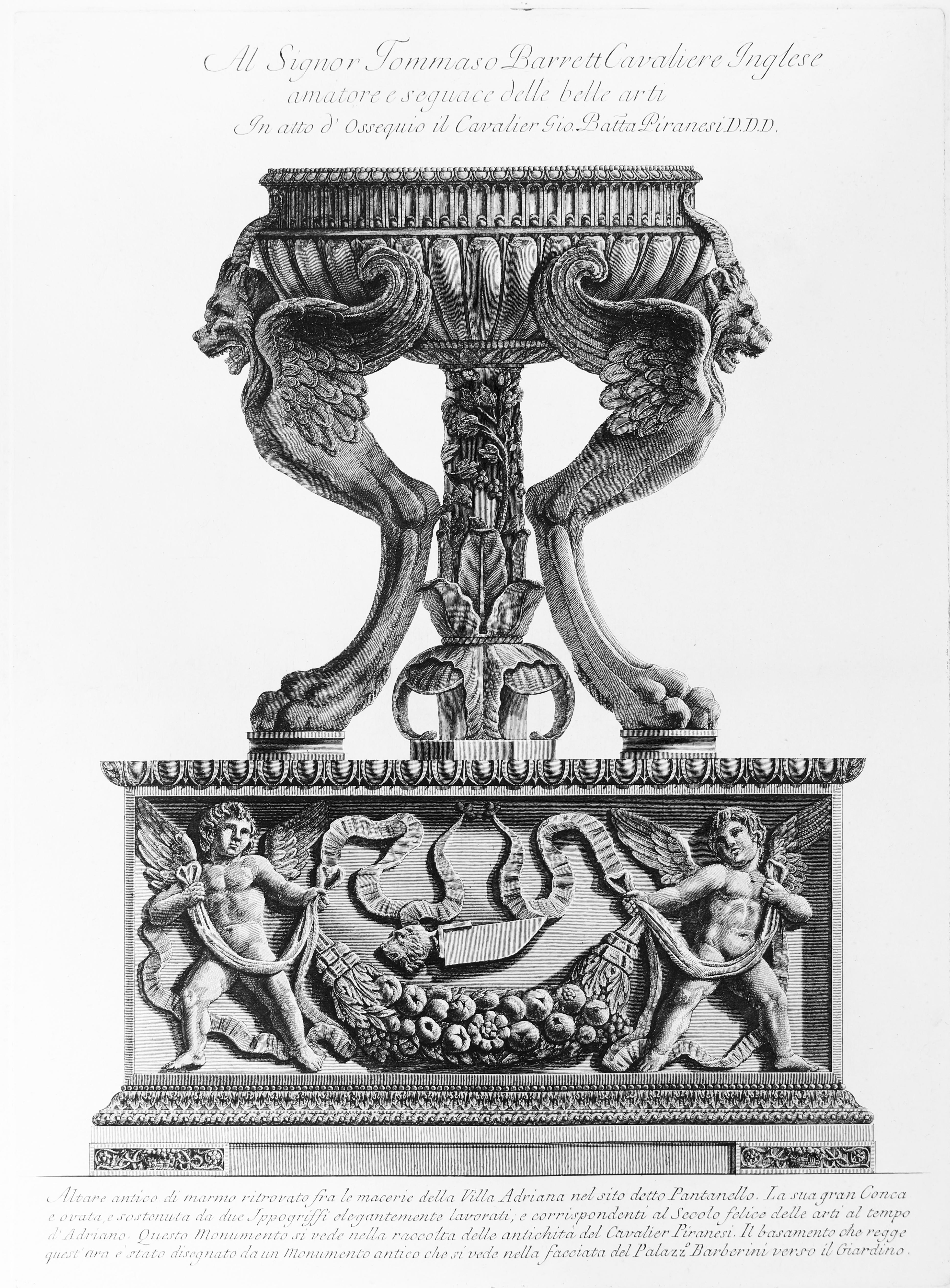 Giovanni Battista Piranesi Figurative Print - Altare antico di marmo ritrovato fra le macerie della Villa Adriana  - 1778
