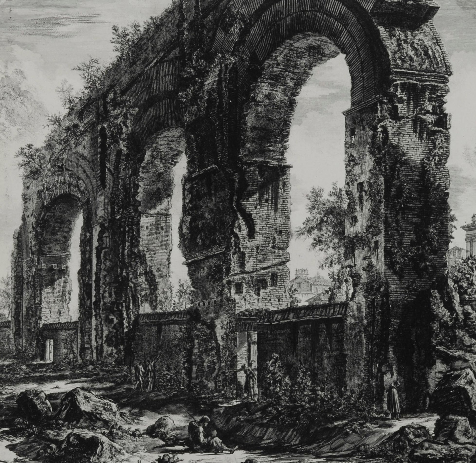 Avanzi degli Acquedotti Neroniani che si volevano distruggere per le loro vecchi - Old Masters Print by Giovanni Battista Piranesi