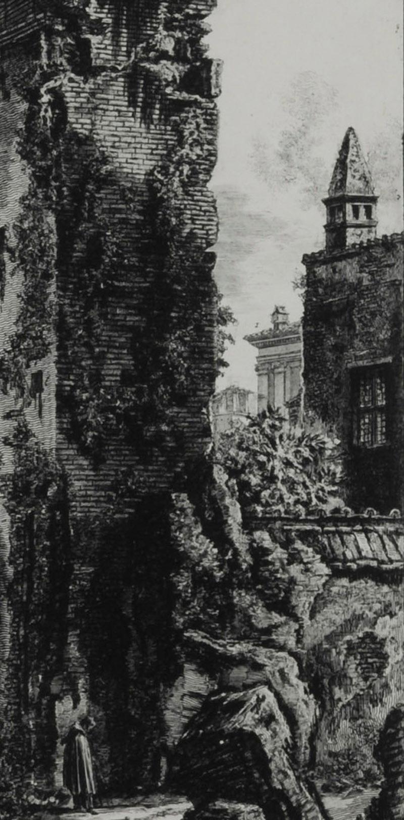 Avanzi degli Acquedotti Neroniani che si volevano distruggere per le loro vecchi - Black Landscape Print by Giovanni Battista Piranesi