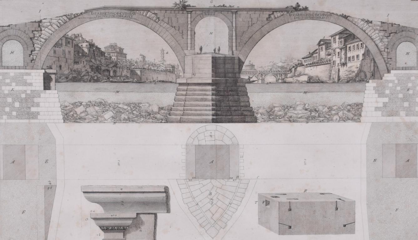 Fabricius (Ponte Cestio) Bridge : Framed 18th C. Piranesi Architectural Etching - Print by Giovanni Battista Piranesi