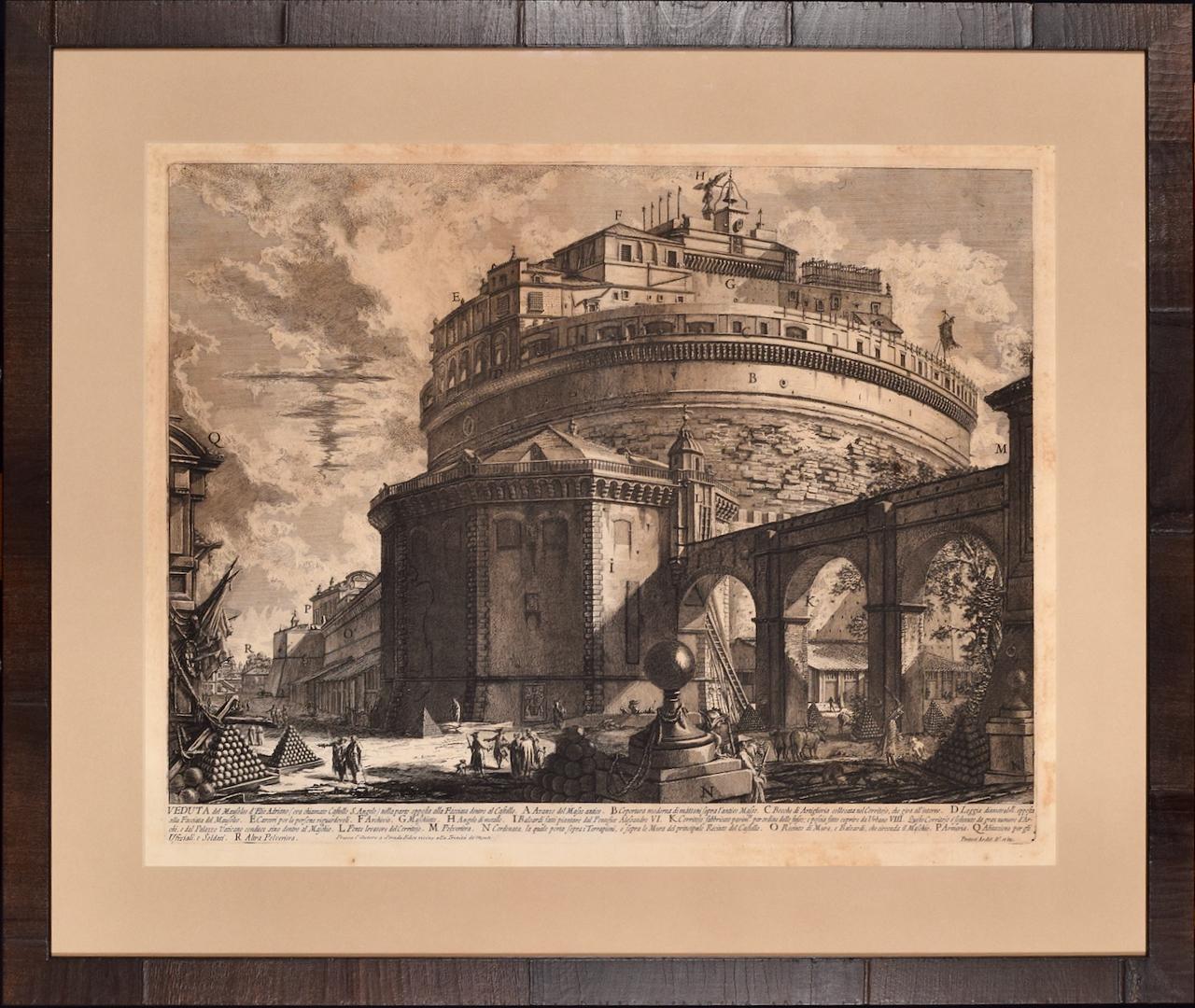 Hadrian's Mausoleum, Castel S. Angelo: A Framed 18th Century Etching by Piranesi - Brown Landscape Print by Giovanni Battista Piranesi