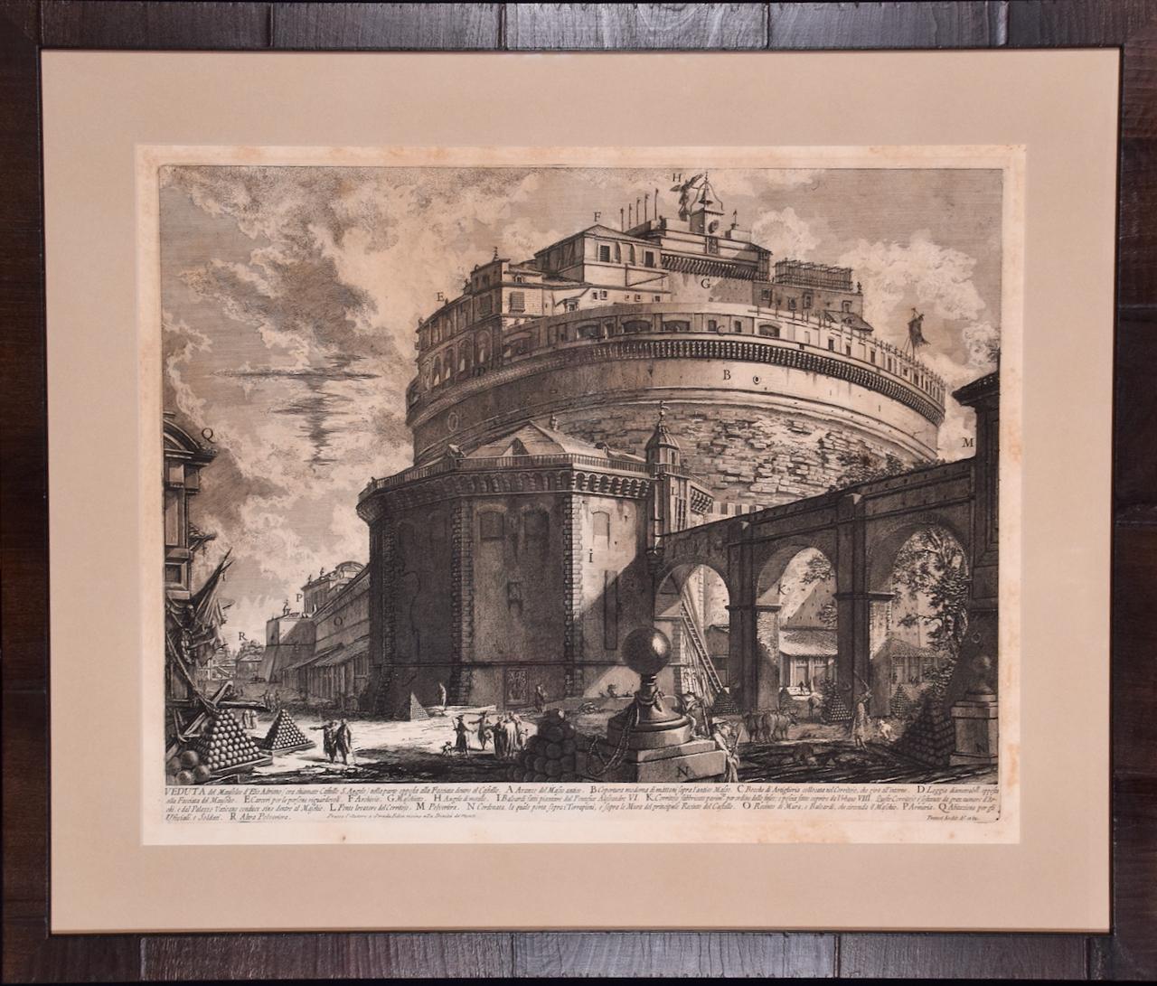 Giovanni Battista Piranesi Landscape Print - Hadrian's Mausoleum, Castel S. Angelo: A Framed 18th Century Etching by Piranesi
