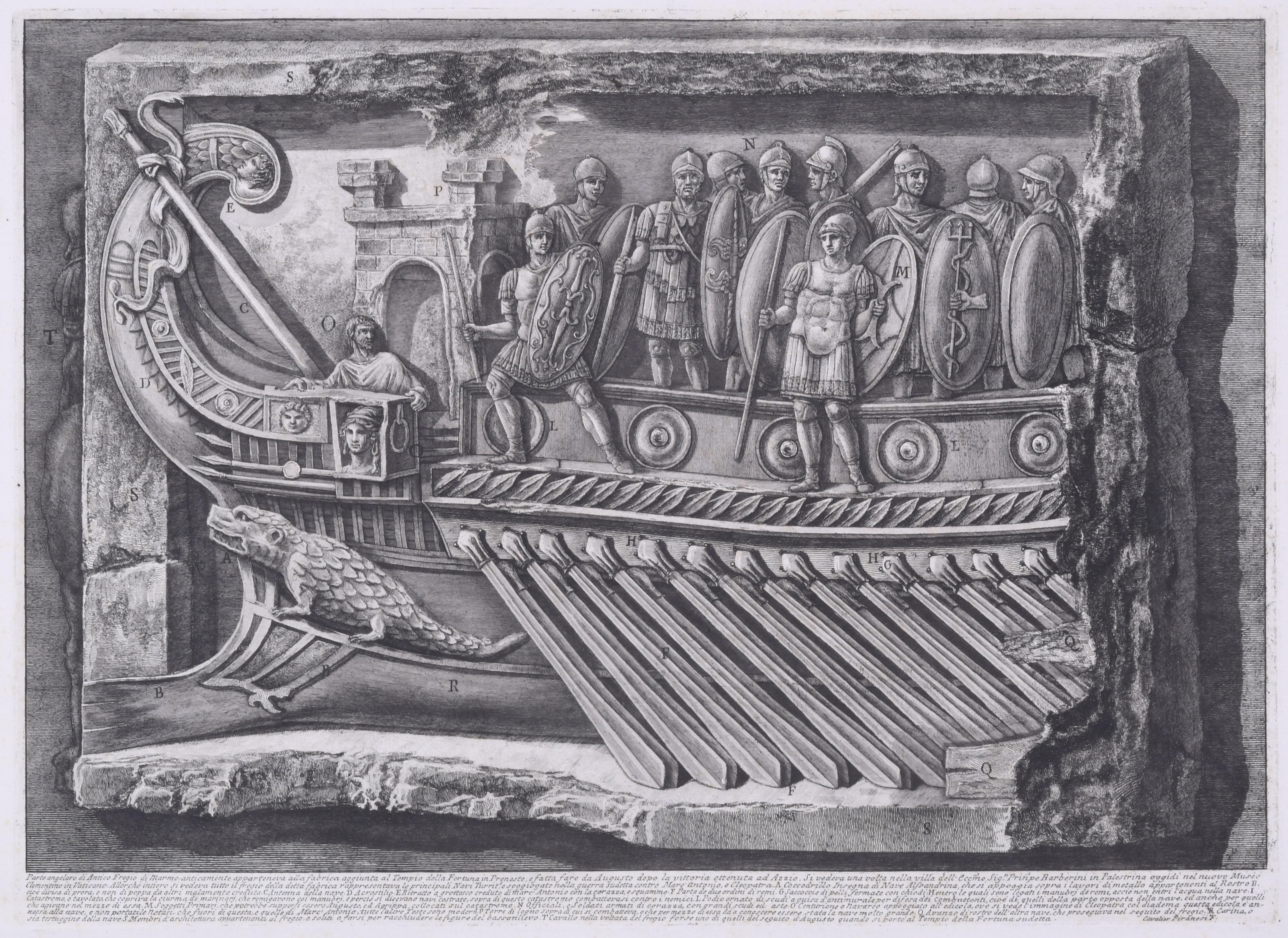 Marble relief of a trireme from the Temple of Fortuna, Praeneste, from Vasi - Print by Giovanni Battista Piranesi