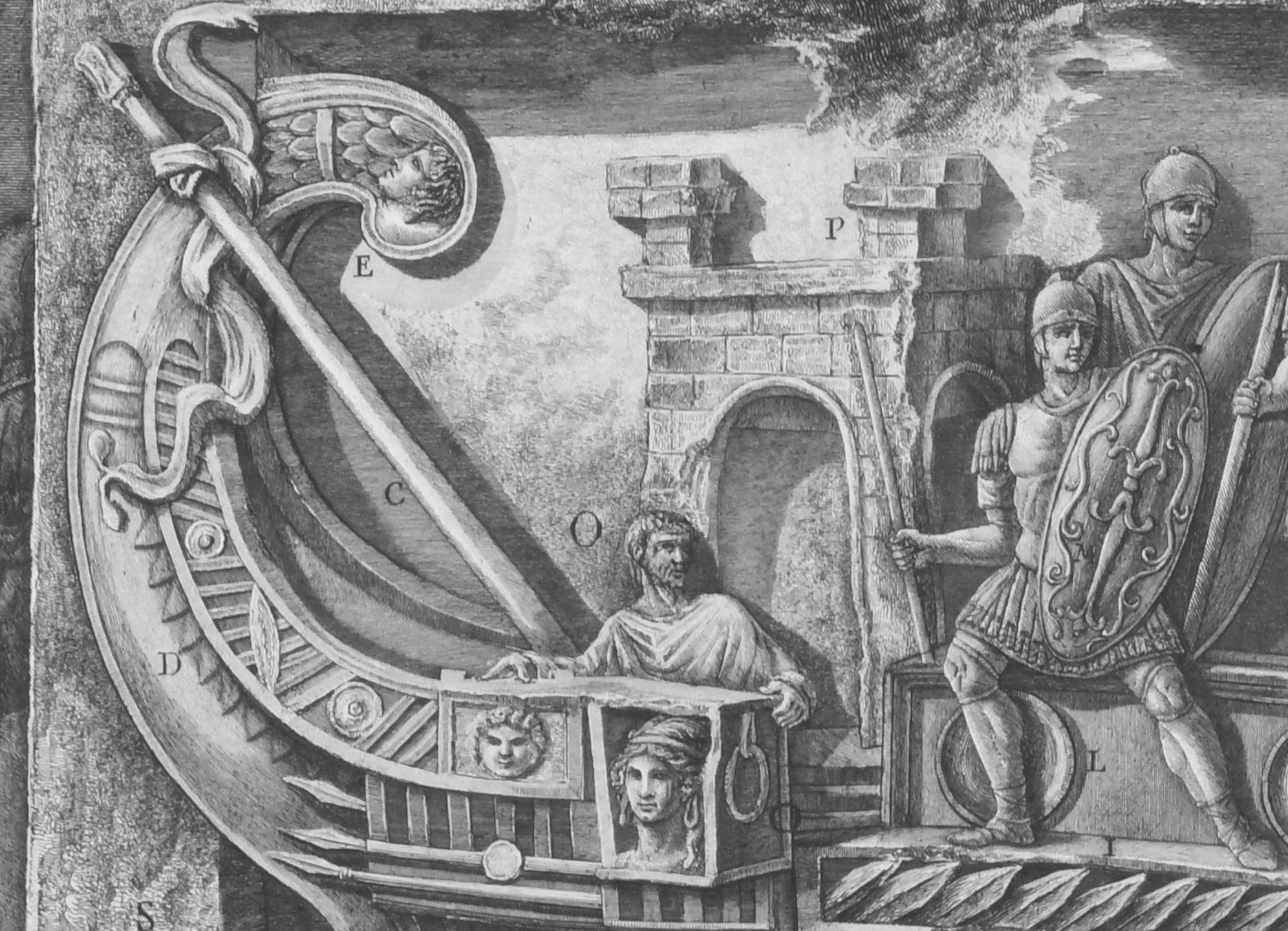 Marble relief of a trireme from the Temple of Fortuna, Praeneste, from Vasi - Old Masters Print by Giovanni Battista Piranesi