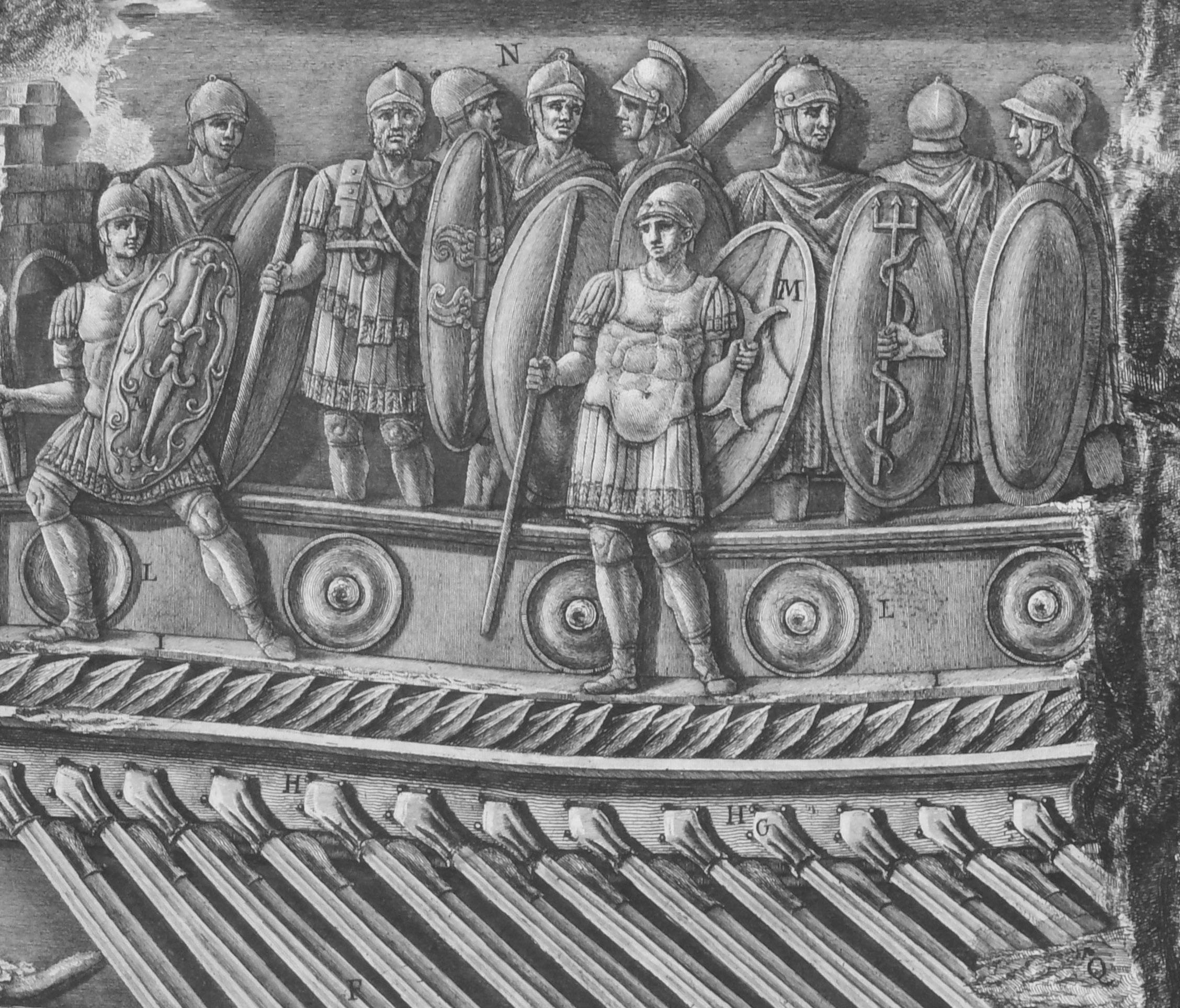 Marble relief of a trireme from the Temple of Fortuna, Praeneste, from Vasi - Gray Figurative Print by Giovanni Battista Piranesi