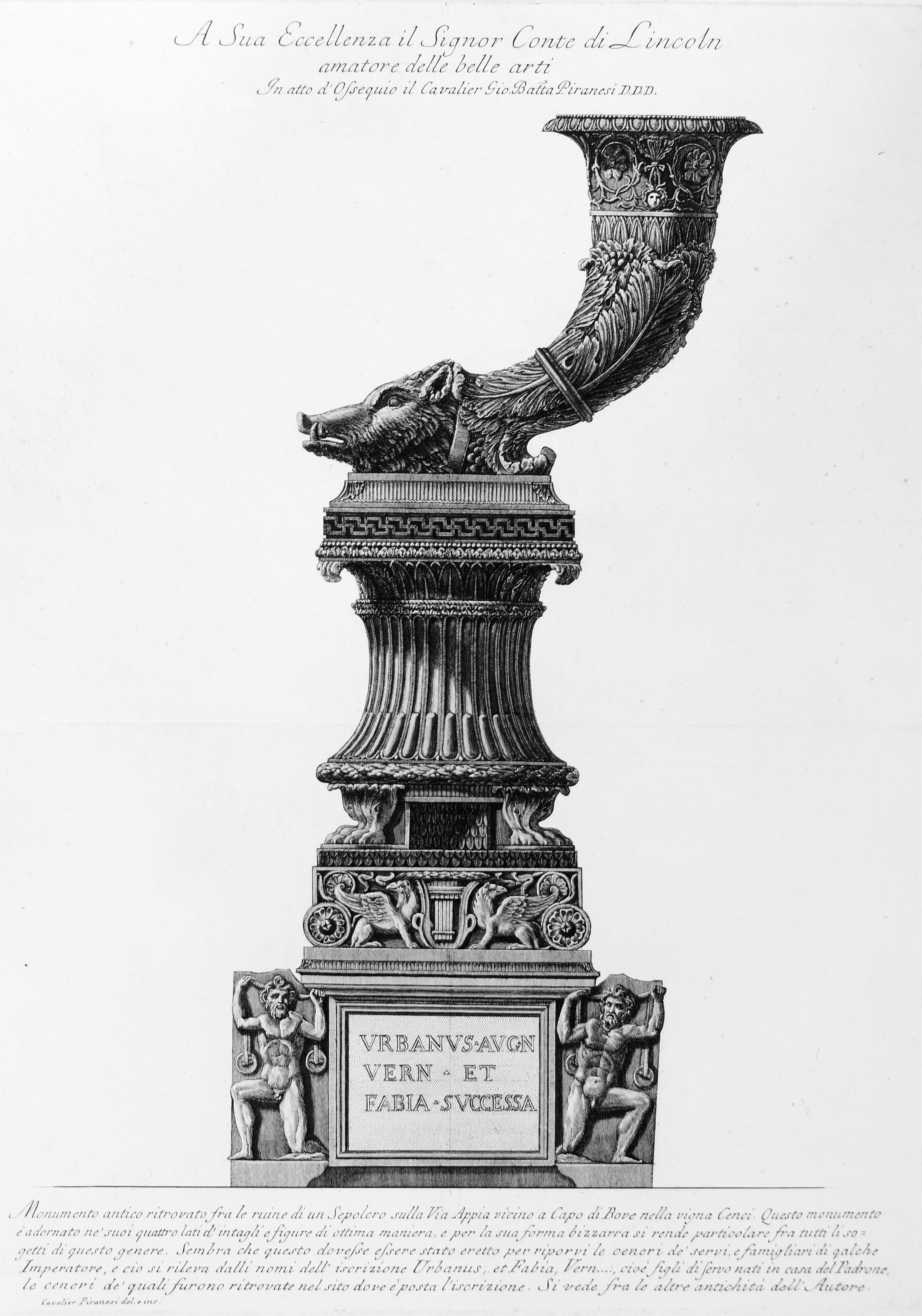 Giovanni Battista Piranesi Figurative Print - Monumento antico ritrovato fra le rovine di un Sepolcro sulla Via Appia - 1778