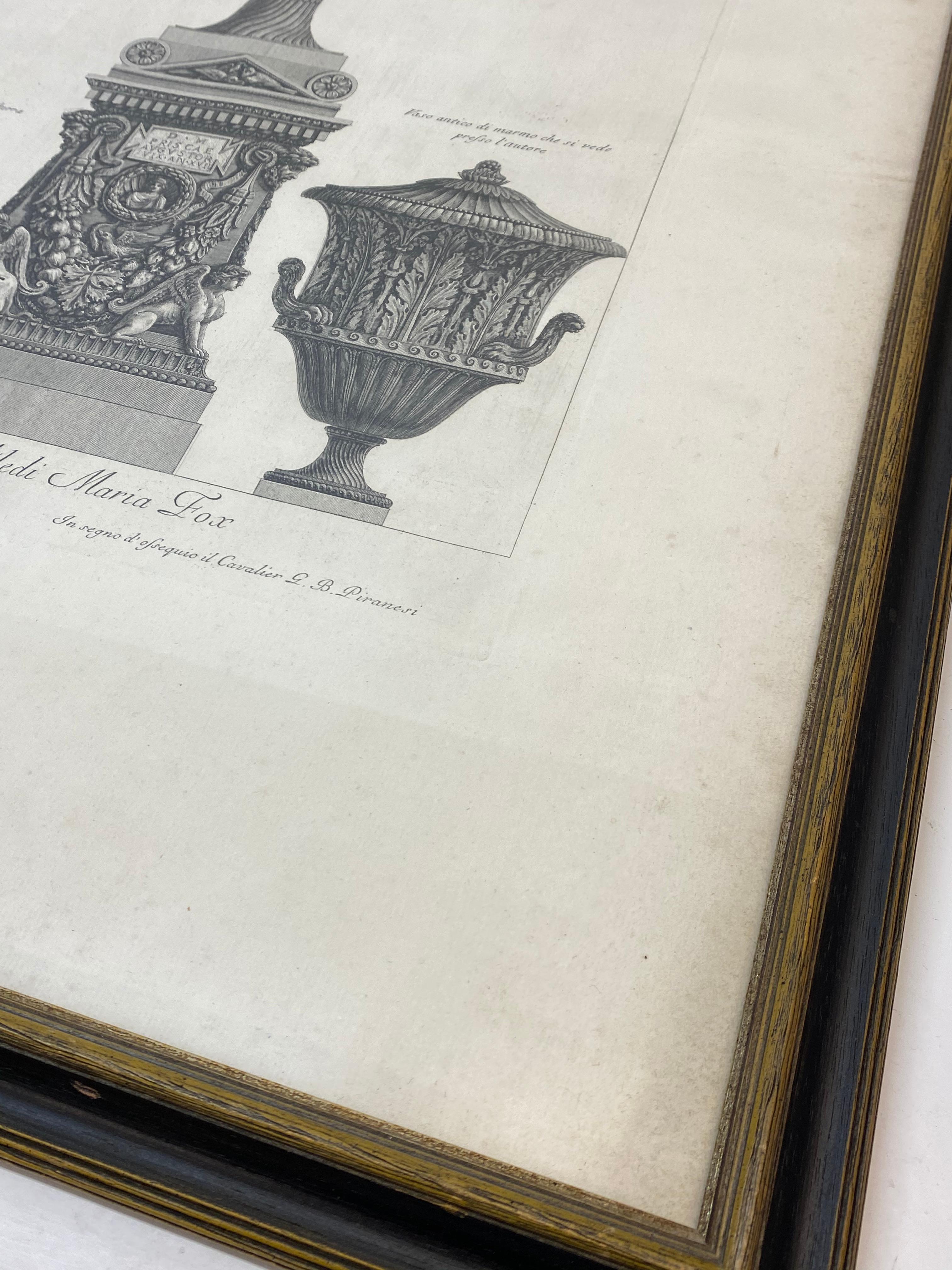 Pair of Framed Giovanni Battista Piranesi Architectural Vases Etchings C.1770 For Sale 1