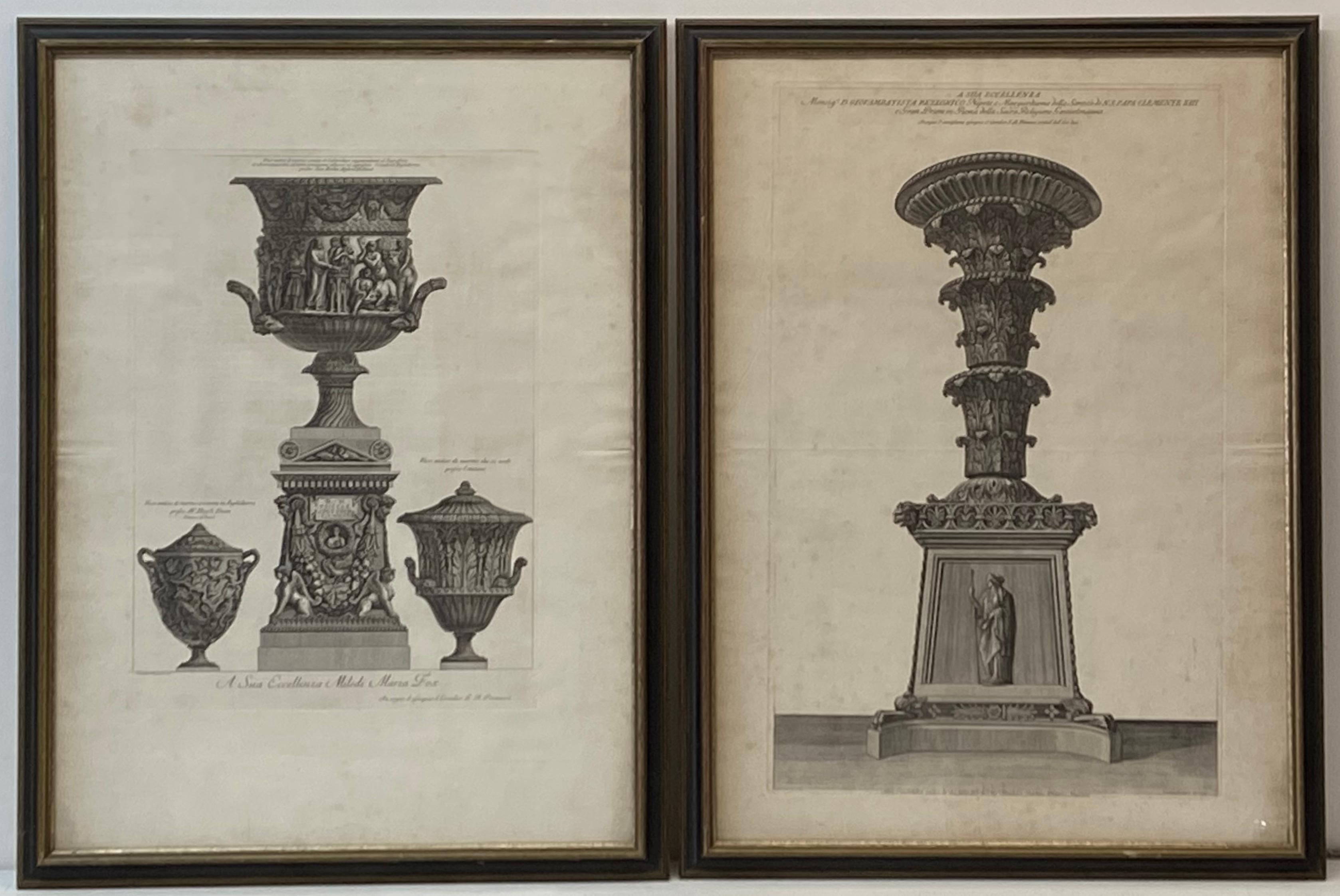 Pair of Framed Giovanni Battista Piranesi Architectural Vases Etchings C.1770