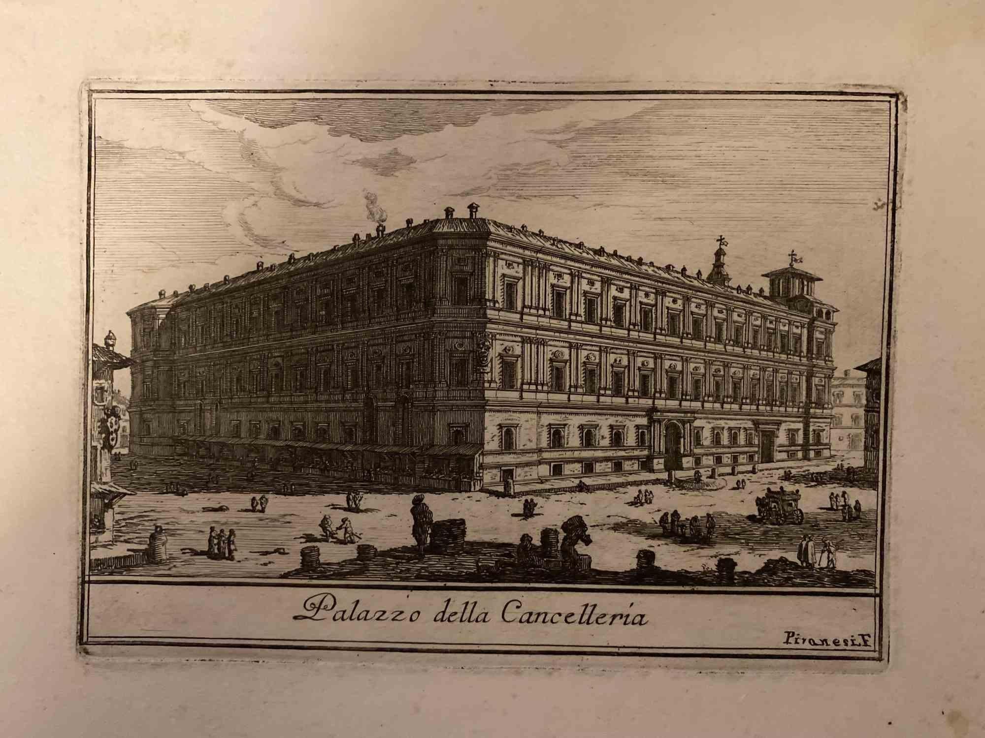 Landscape Print di Giovanni Battista Piranesi - Palazzo della Cancelleria - Acquaforte di G.B. Piranesi - XVIII secolo