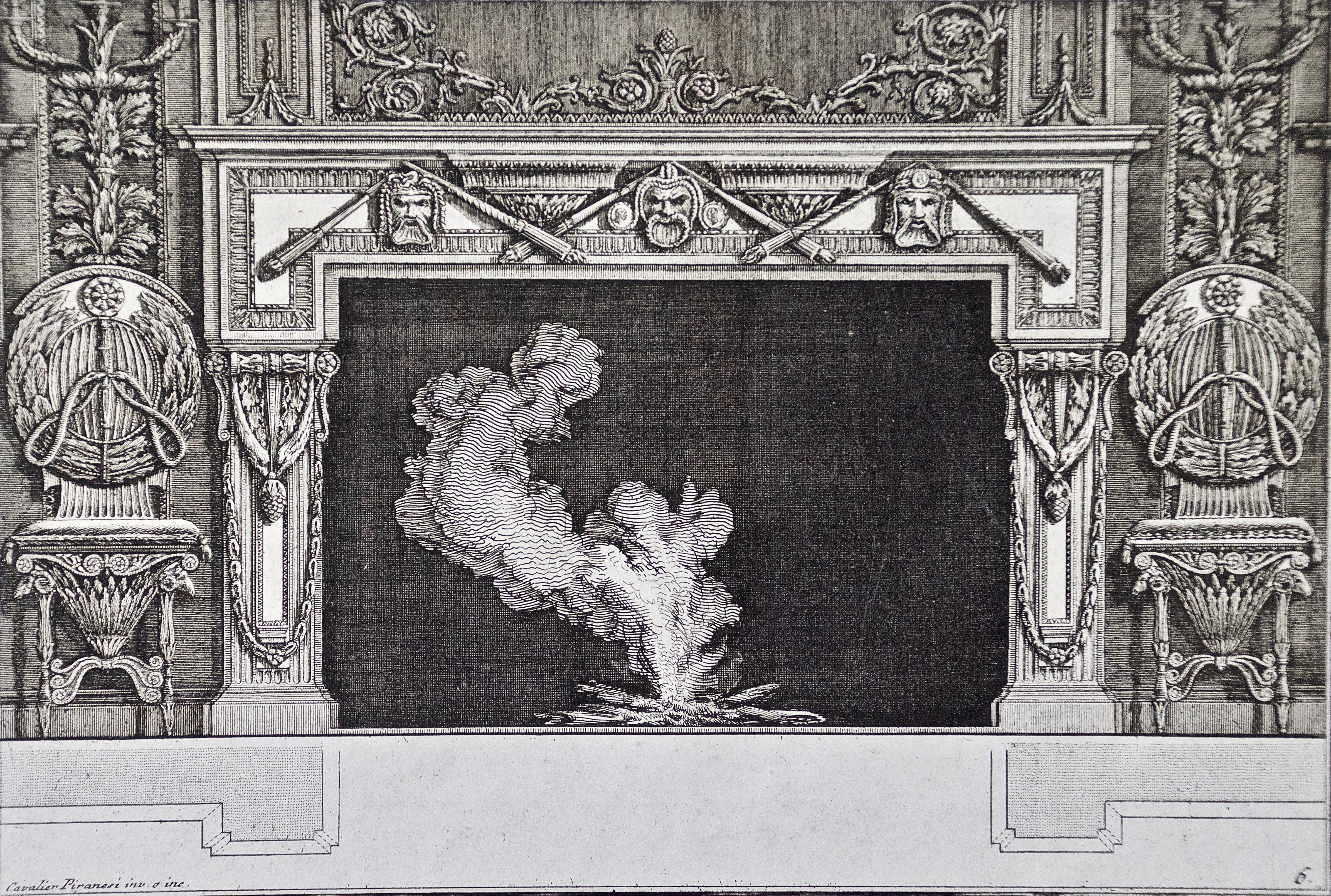 Piranesi-Kamindesigns aus dem 18. Jahrhundert auf der Grundlage antiker architektonischer Stile (Grau), Still-Life Print, von Giovanni Battista Piranesi