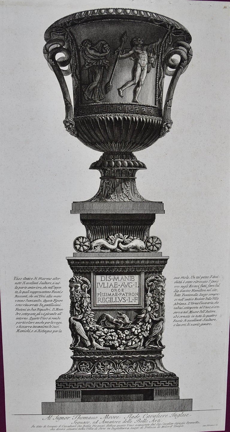 Giovanni Battista Piranesi Figurative Print - Piranesi Etching of Ancient Roman Marble Vase, "" 
