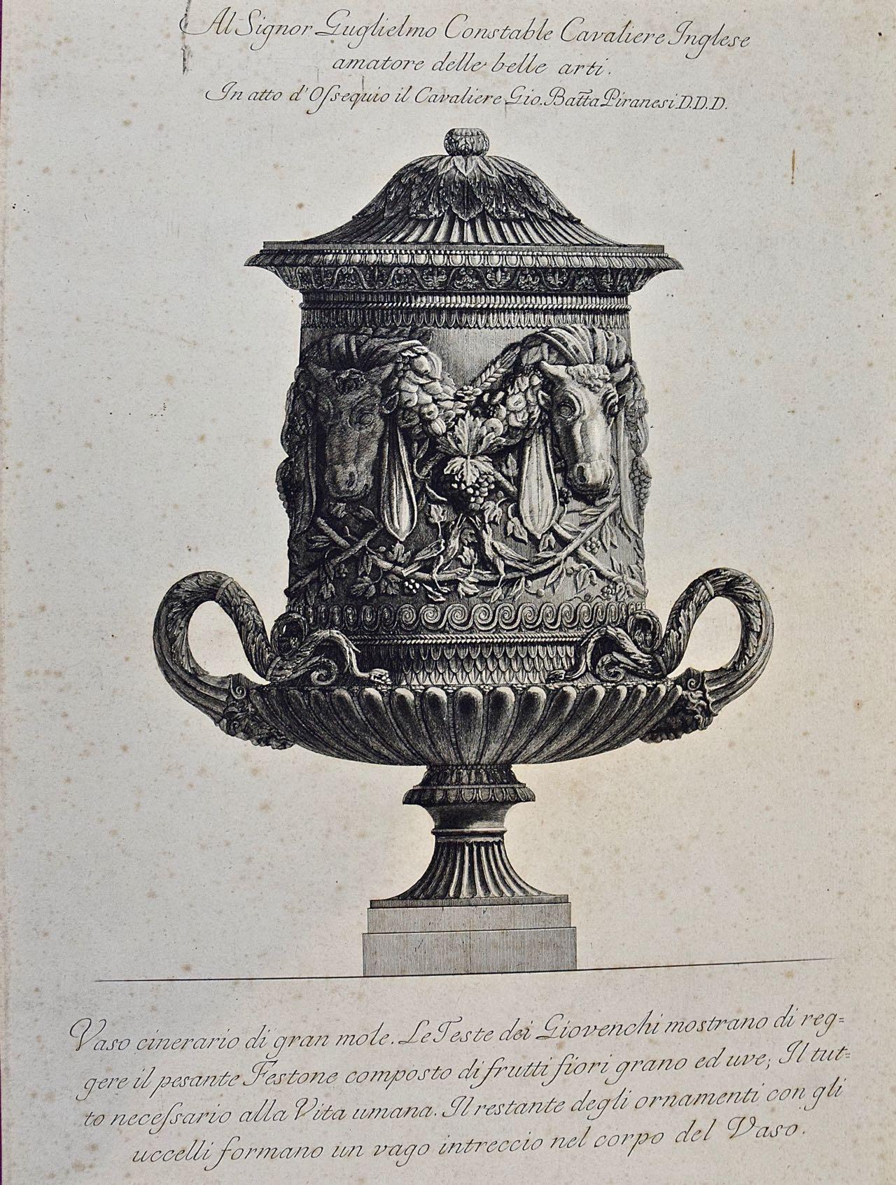 Giovanni Battista Piranesi Interior Print - Ancient Roman Marble Vase: 18th C. Piranesi Etching Vaso Cinerario di Gran Mole 