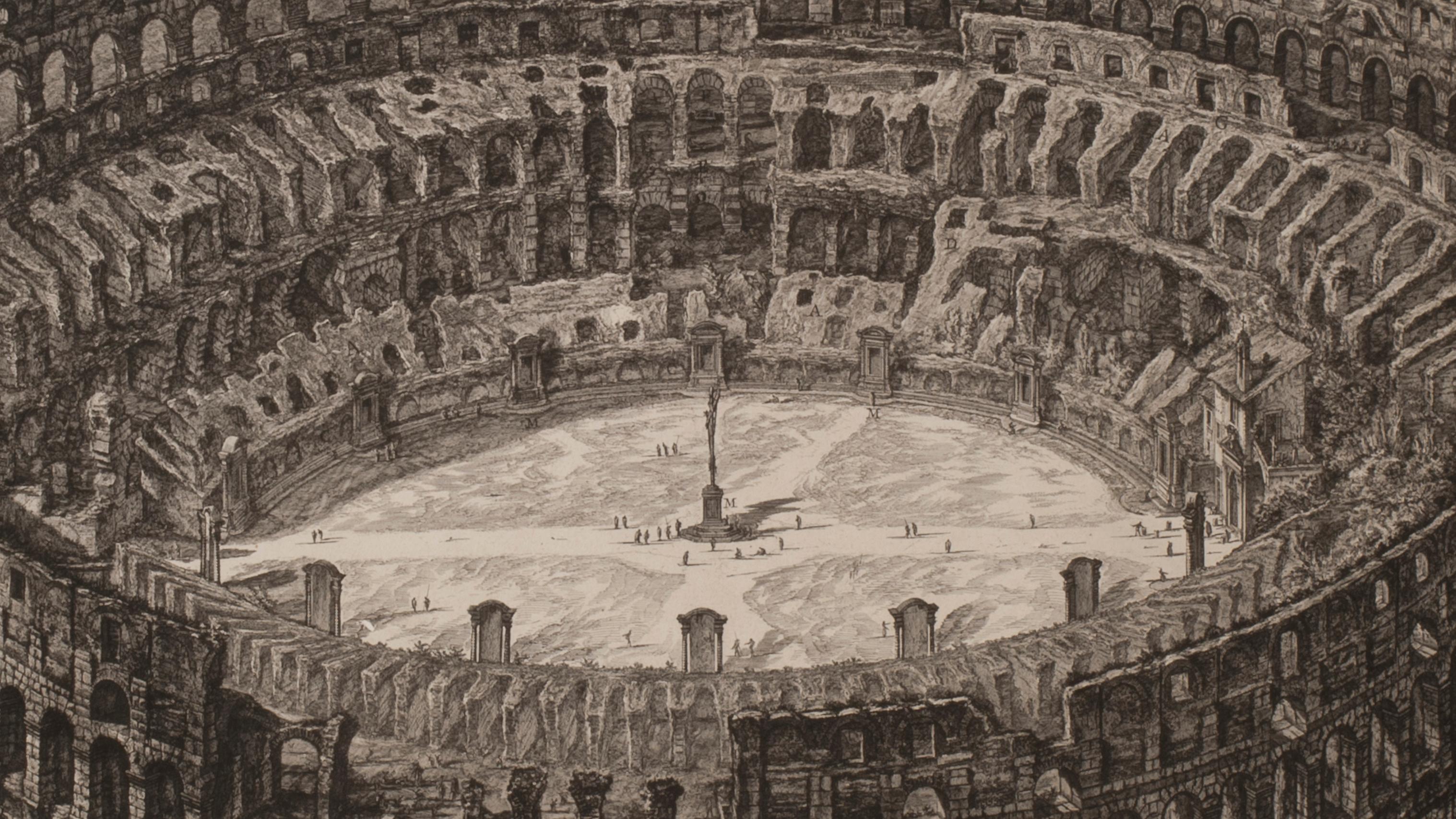 Il Colosseo, vista a volo d'uccello (Veduta dell'Anfiteatro Flavio detto il Colosseo) - Print di Giovanni Battista Piranesi