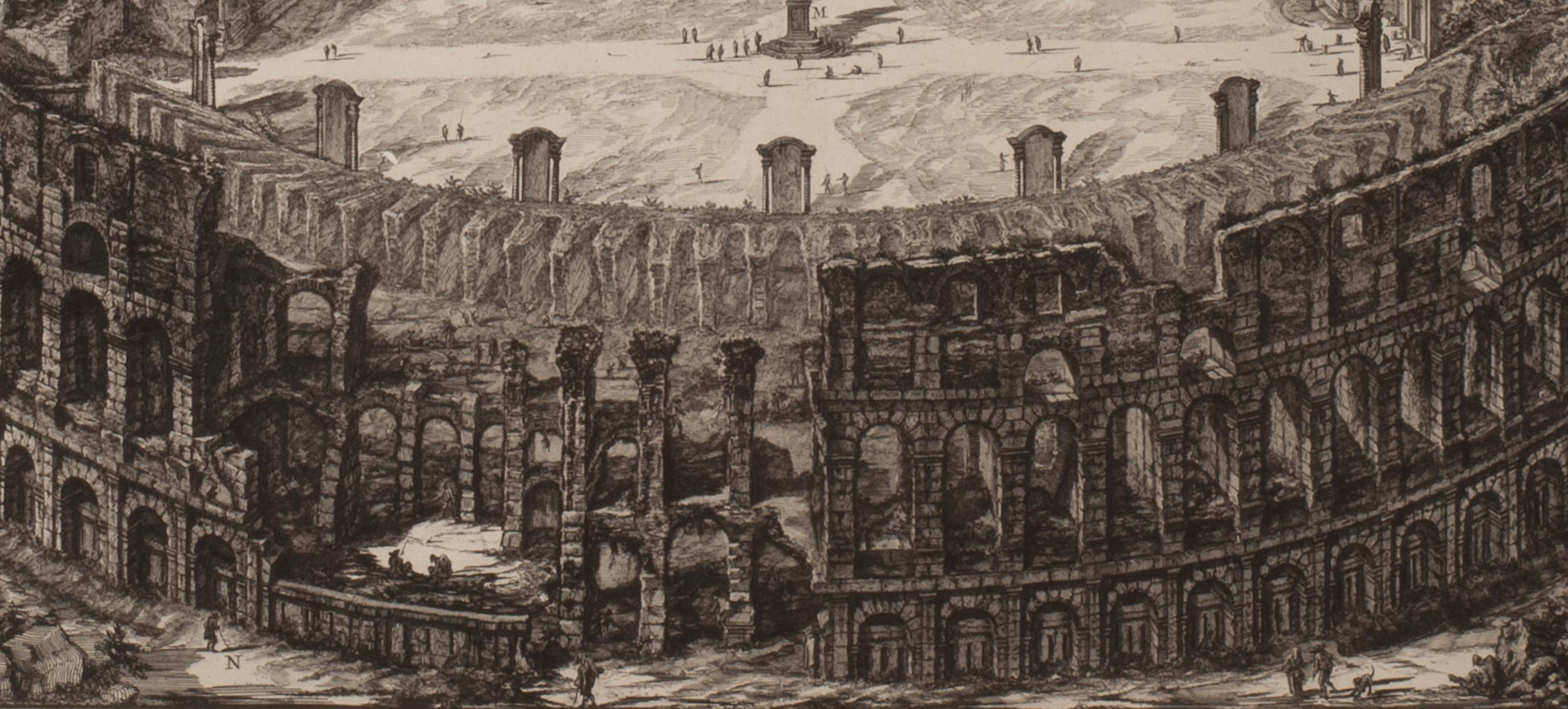 Il Colosseo, vista a volo d'uccello (Veduta dell'Anfiteatro Flavio detto il Colosseo)
Acquaforte, 1776
Firmato nel piatto
Nota: Stampa romana su una carta filigranata molto rara, Robisson WM 61, datata dalla fine degli anni 1770 alla metà degli anni