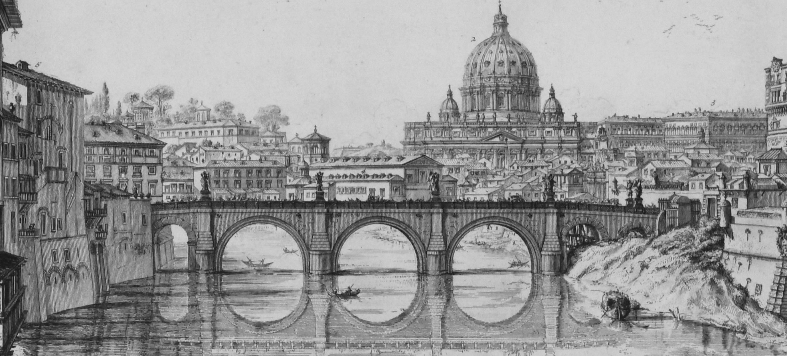 Il Ponte e Castel S. Angelo
Veduta del Ponte e Castello Sant'Angelo
Acquaforte, 1754
Firmata nella lastra in basso a destra sopra la didascalia
Da: Vedute di Roma
Una vera e propria stampa romana con il prezzo nell'angolo in basso a destra. Stampato