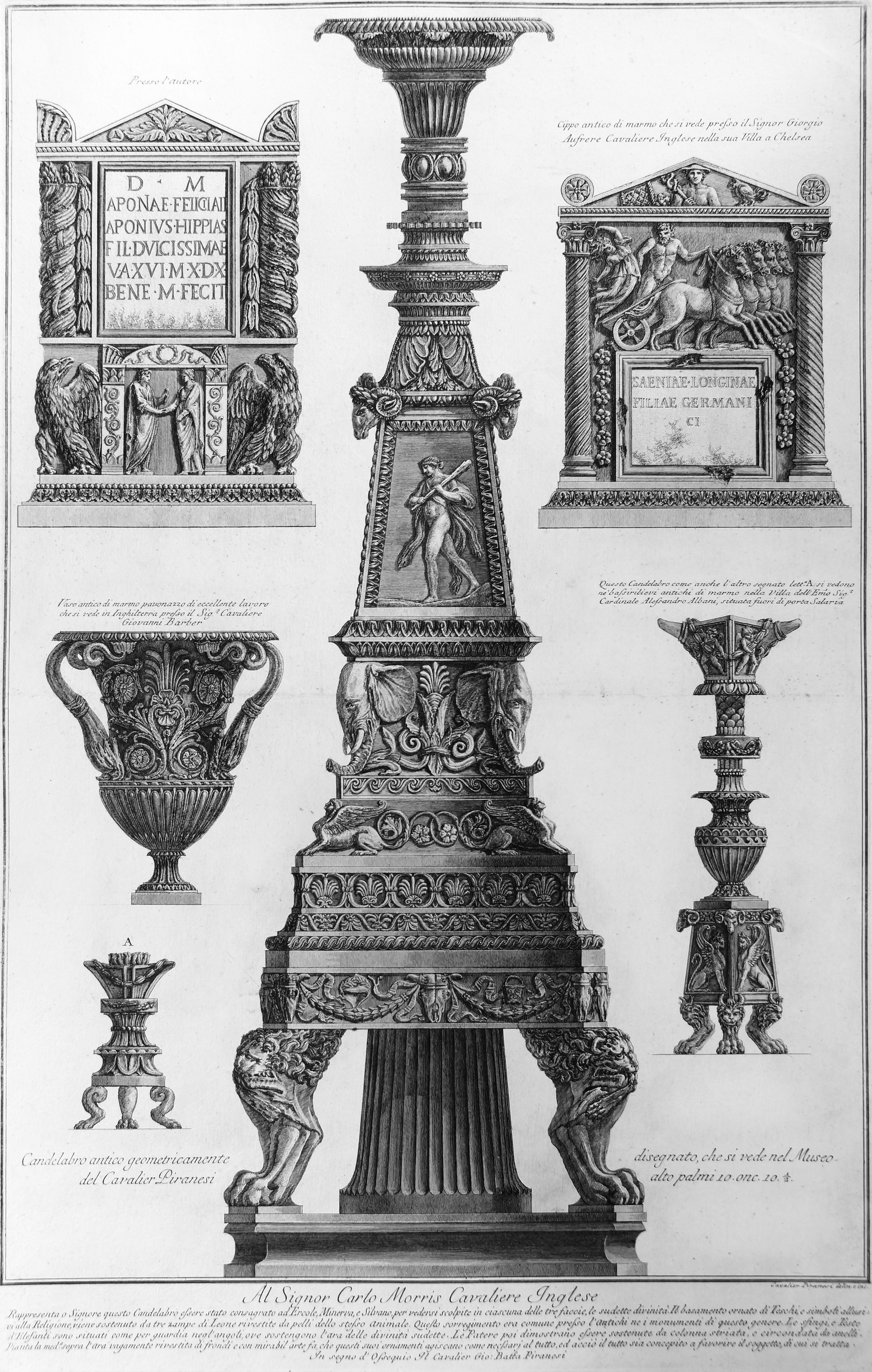 Giovanni Battista Piranesi Figurative Print - Vari Candelabri, un Vaso e Due Urne Cinerarie - Etching - 1778