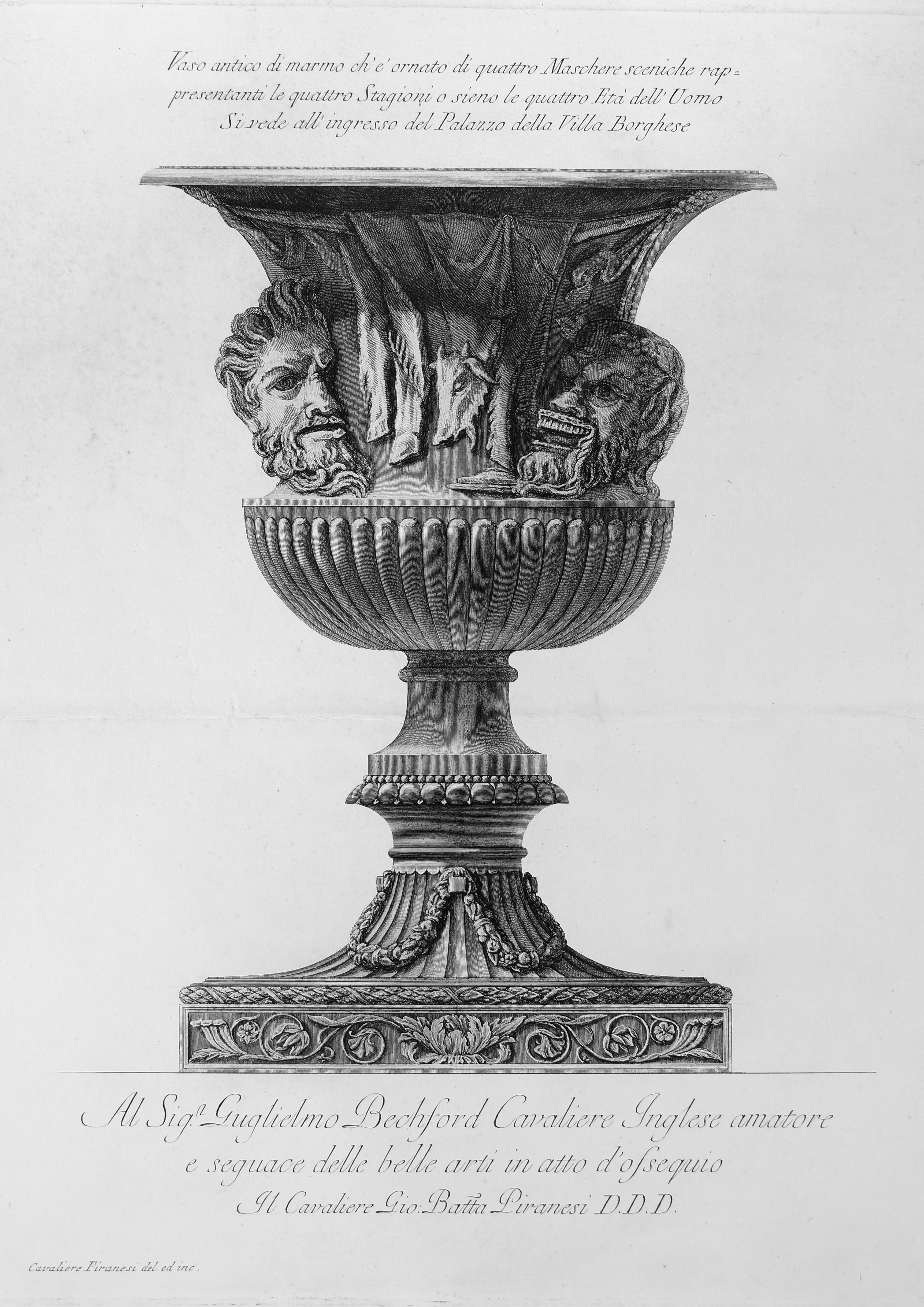 Vaso antico di marmo che è ornato di quattro Maschere - Etching 1778