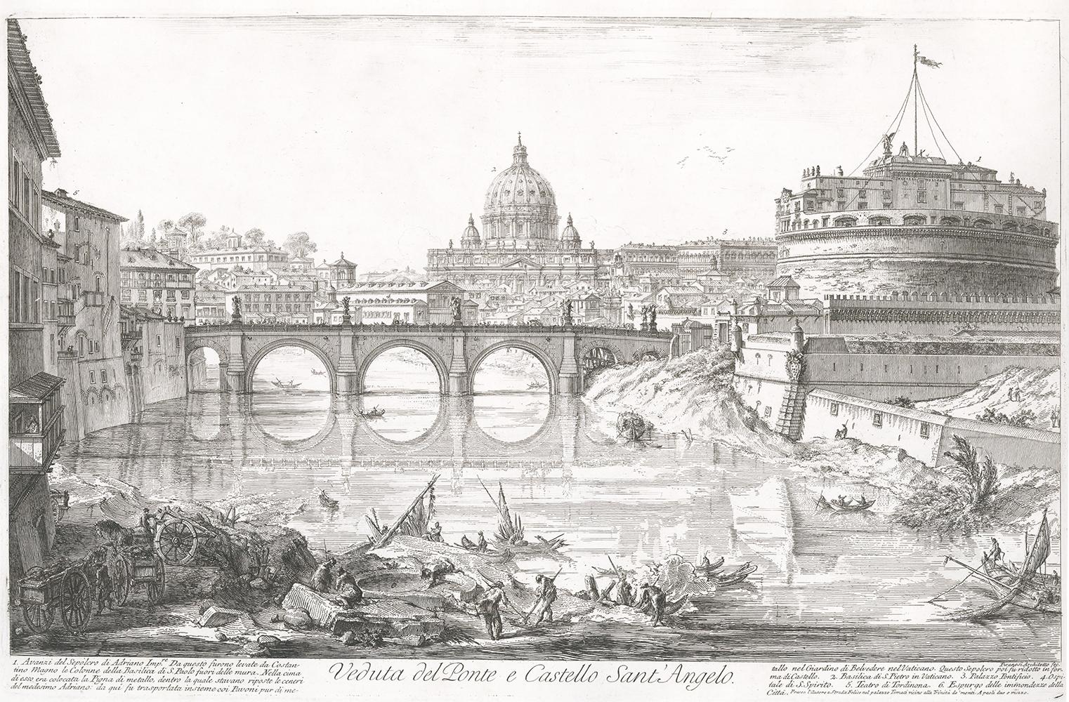 Giovanni Battista Piranesi Landscape Print – Die Kathedrale von Ponte e Castello Sant' Angelo
