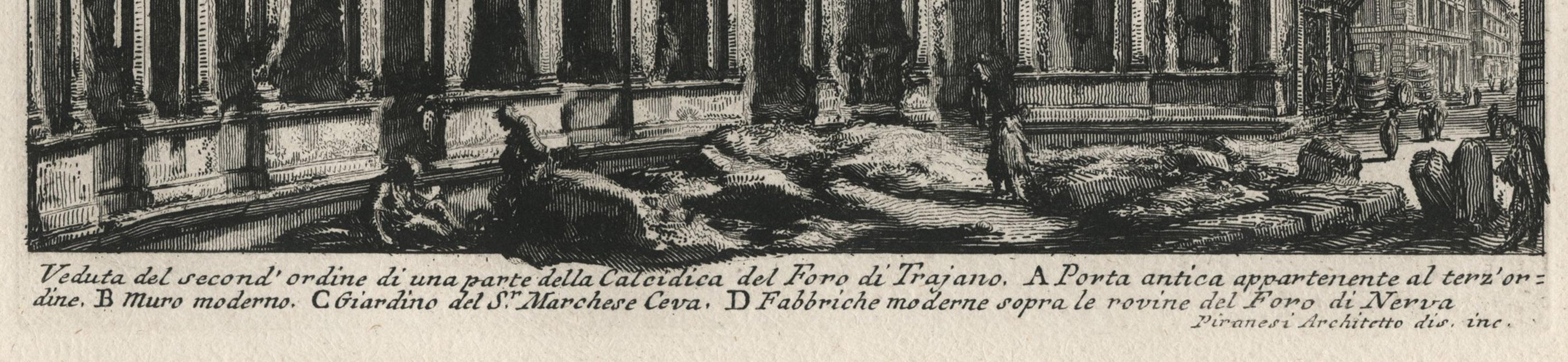 XXIX Fig. I Veduta del second’ordine di una parte della Calcidica del Foro di Trajano. (View of Part of the Upper Hemicycle of Trajan's Forum)
Etching, 1756
From: Le Antichità Romane (Roman Antiquity), 1756-1757, Four Volumes
Printed on a medium