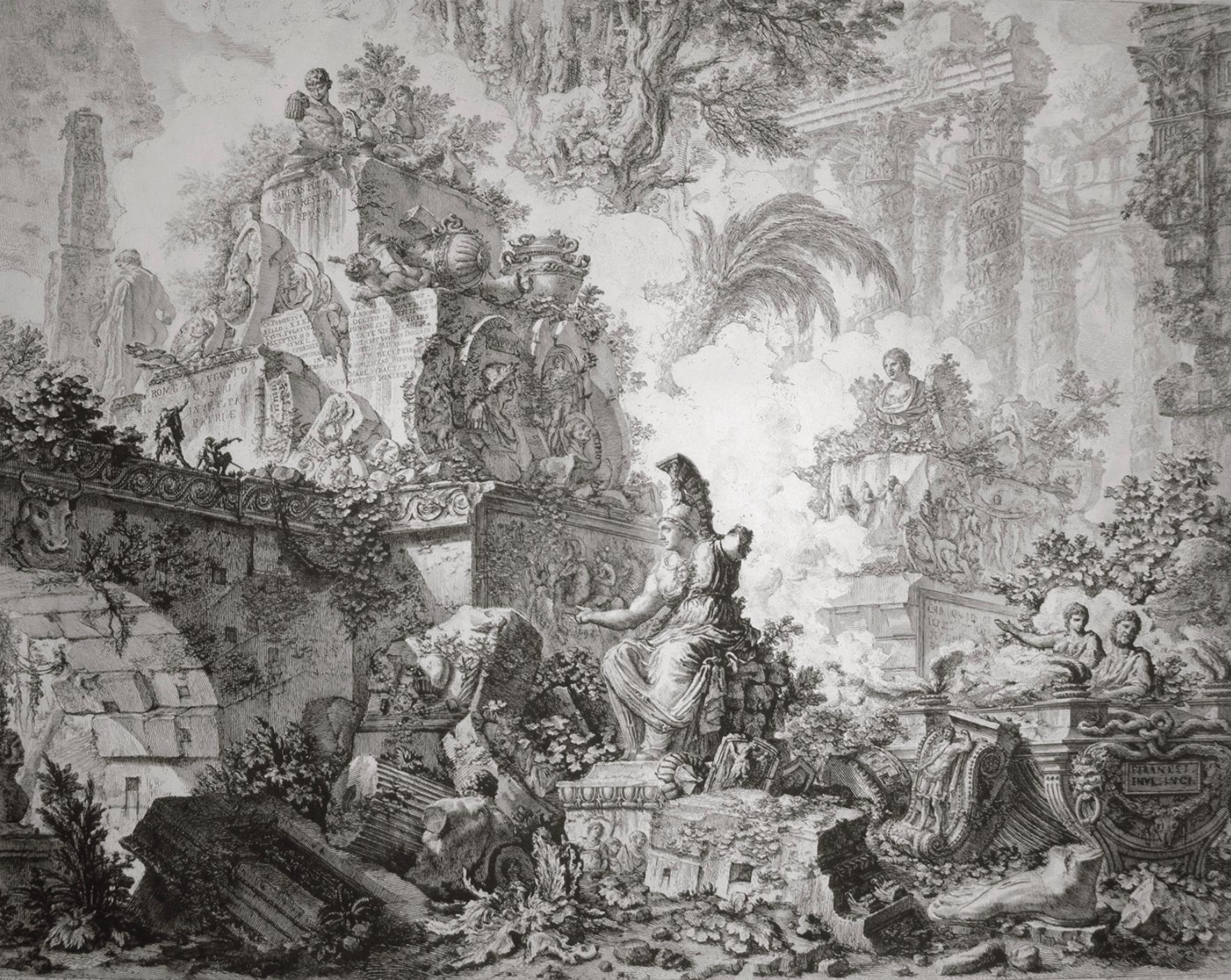 Landscape Print Giovanni Battista Piranesi - Vedute di Roma (3e état) (Frontispiece de série, avec statue de Minerva)