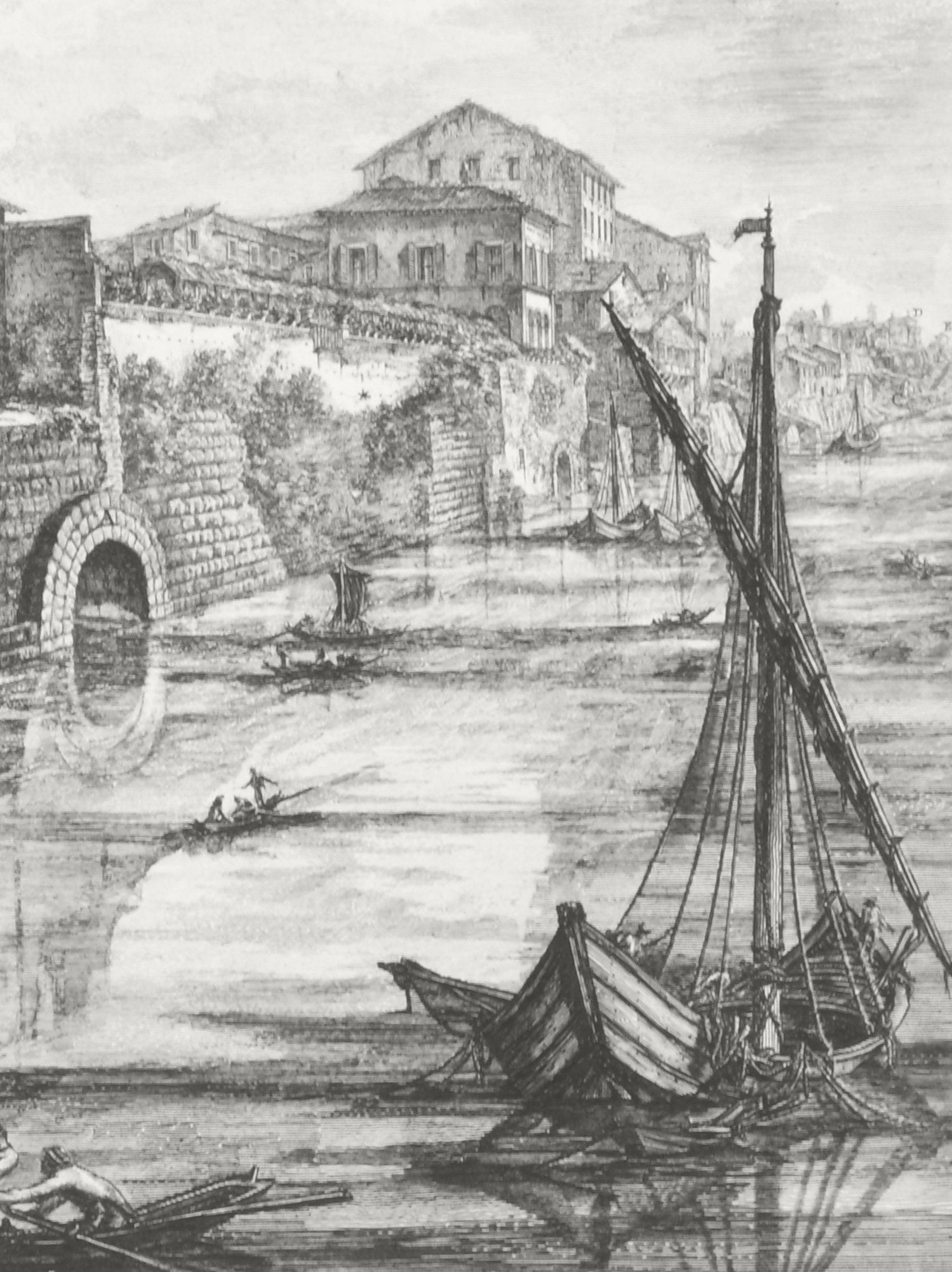 Vista de la antigua estructura construida por Tarquinio Superbo llamada Bel Lido - Landscape Print Gris de Giovanni Battista Piranesi