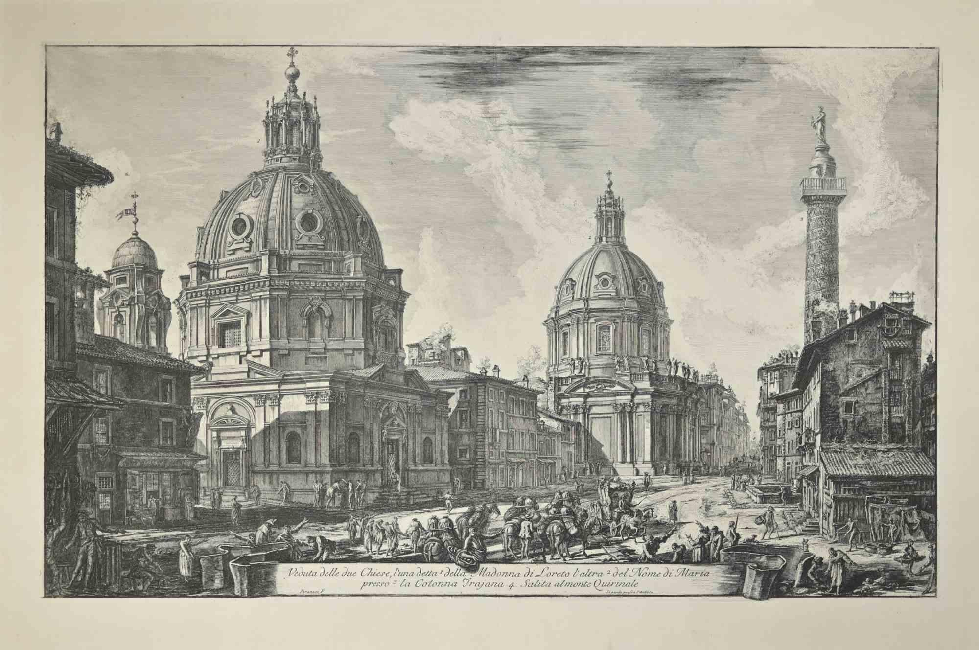 Giovanni Battista Piranesi Figurative Print – Blick auf zwei Kirchen – Radierung von G.B.Piranesi – Ende des 18. Jahrhunderts