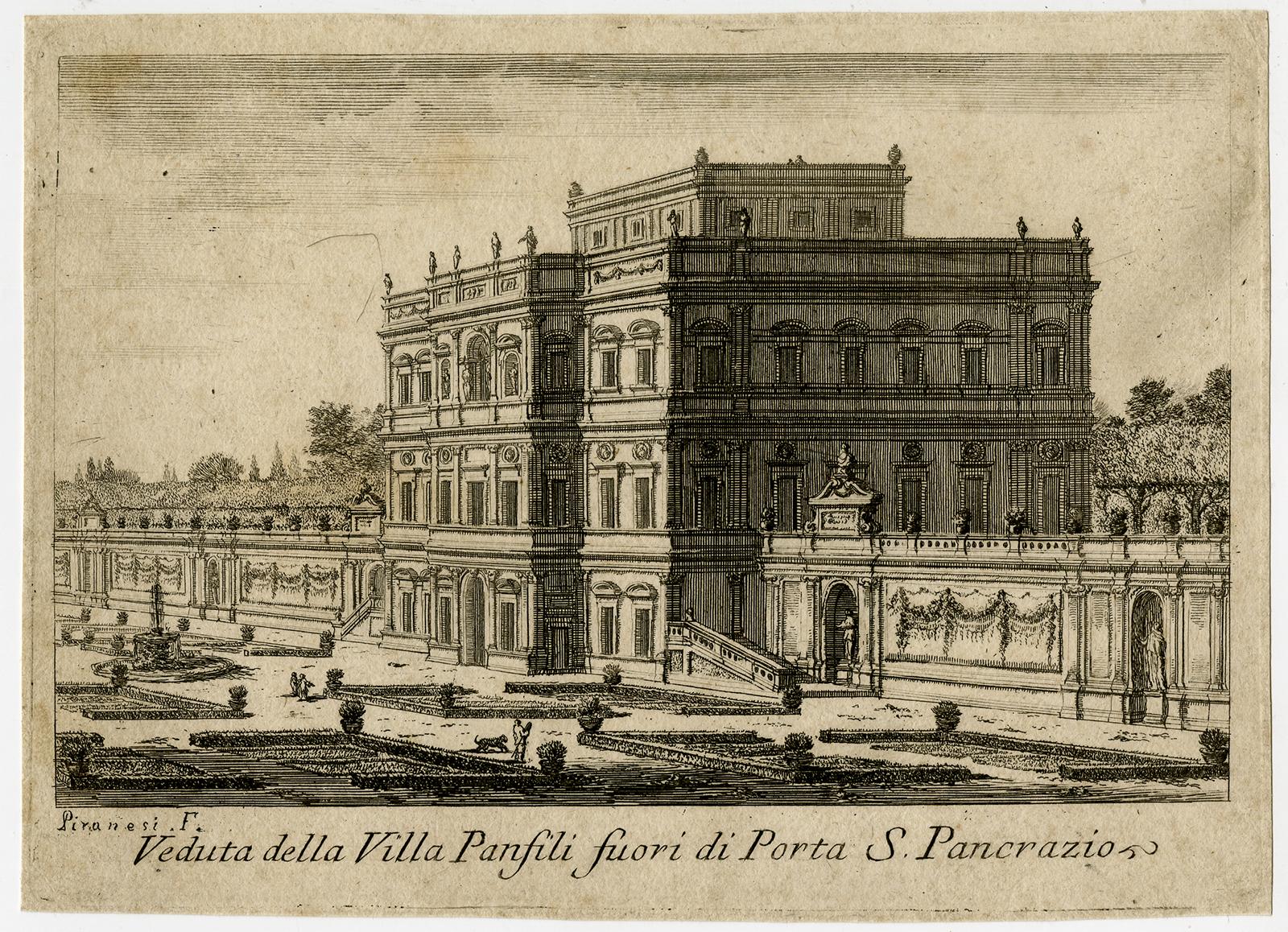 Subject:  Antique Master Print, titled: 'Veduta della villa Panfili [..]' - View of the villa Panfili in Rome.

Description:  From a series of small views of Rome. Ref: Wilton Ely 86.

Artists and Engravers:  Made by 'Giovanni Battista Piranesi'