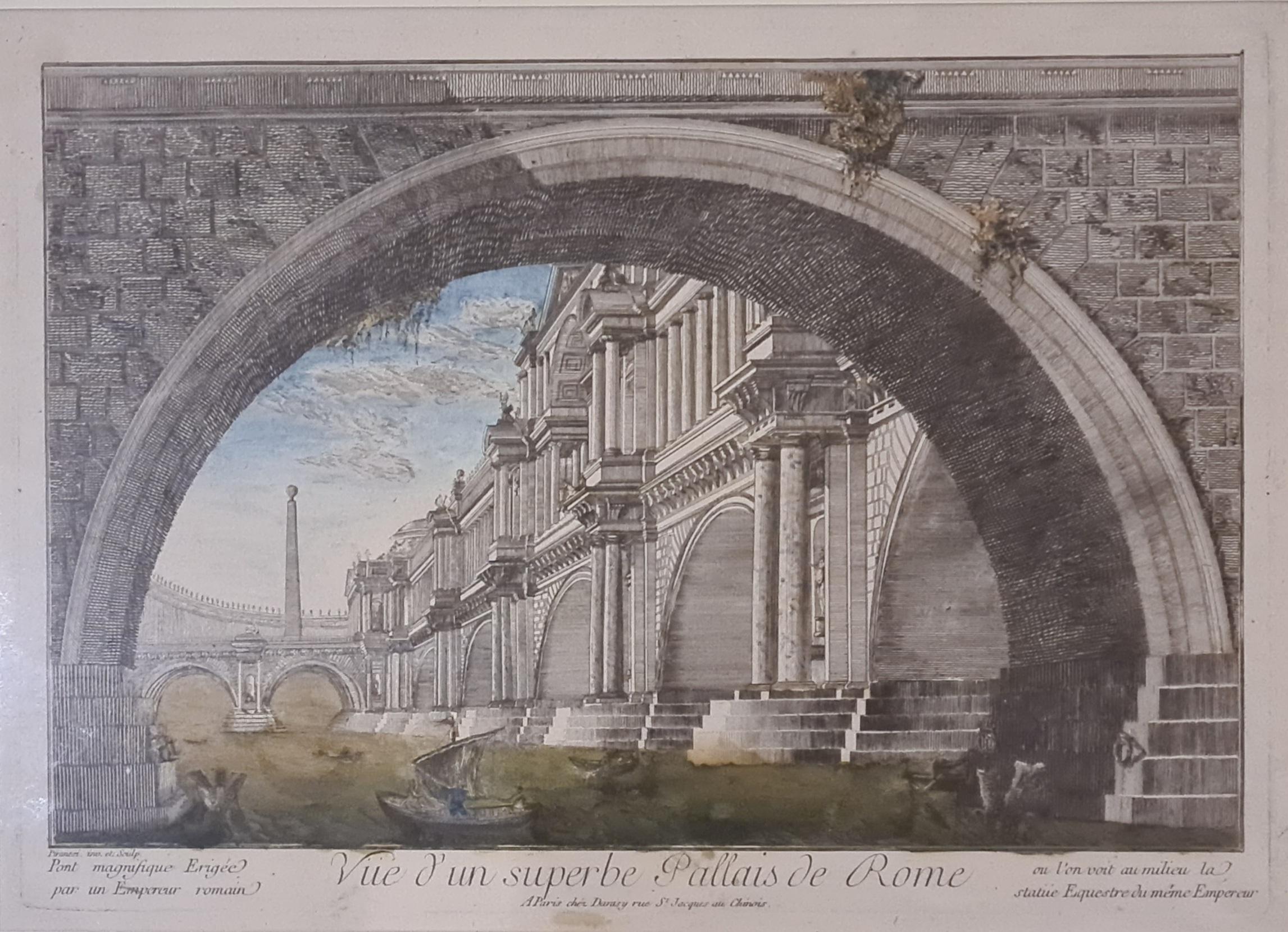 Piranesi, Hand Coloured Period Engraving, Vue d'un Superb Palais de Rome - Print by Giovanni Battista Piranesi