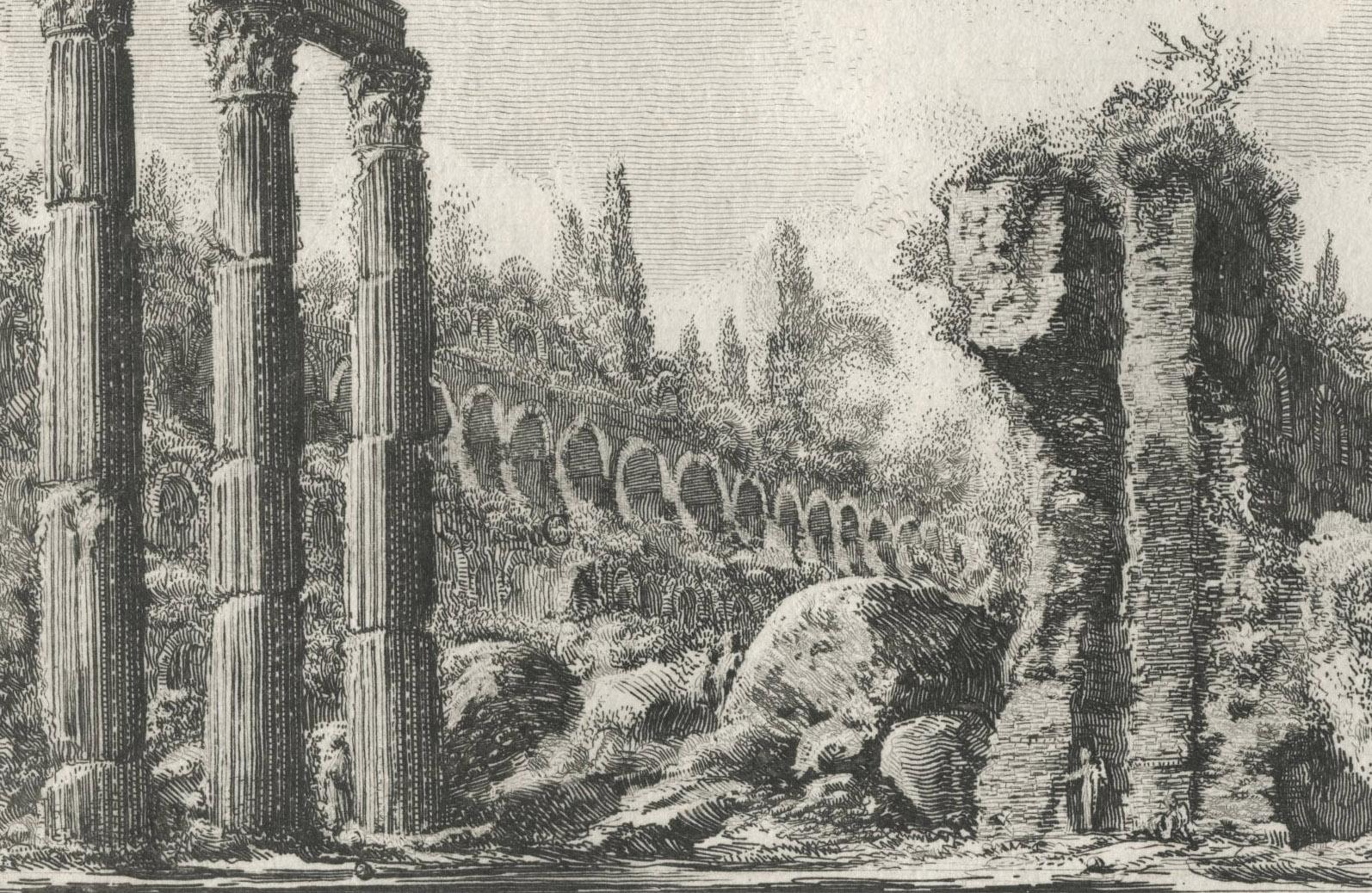 XXXIII Fig. I Avanzo del Tempio di Castore e Polluce .View of the Remains of the Peristyle of the House of Nero,
Etching, 1756
Signed in the plate (see photo)
From: Le Antichità Romane (Roman Antiquity), 1756-1757, Four Volumes
From the first