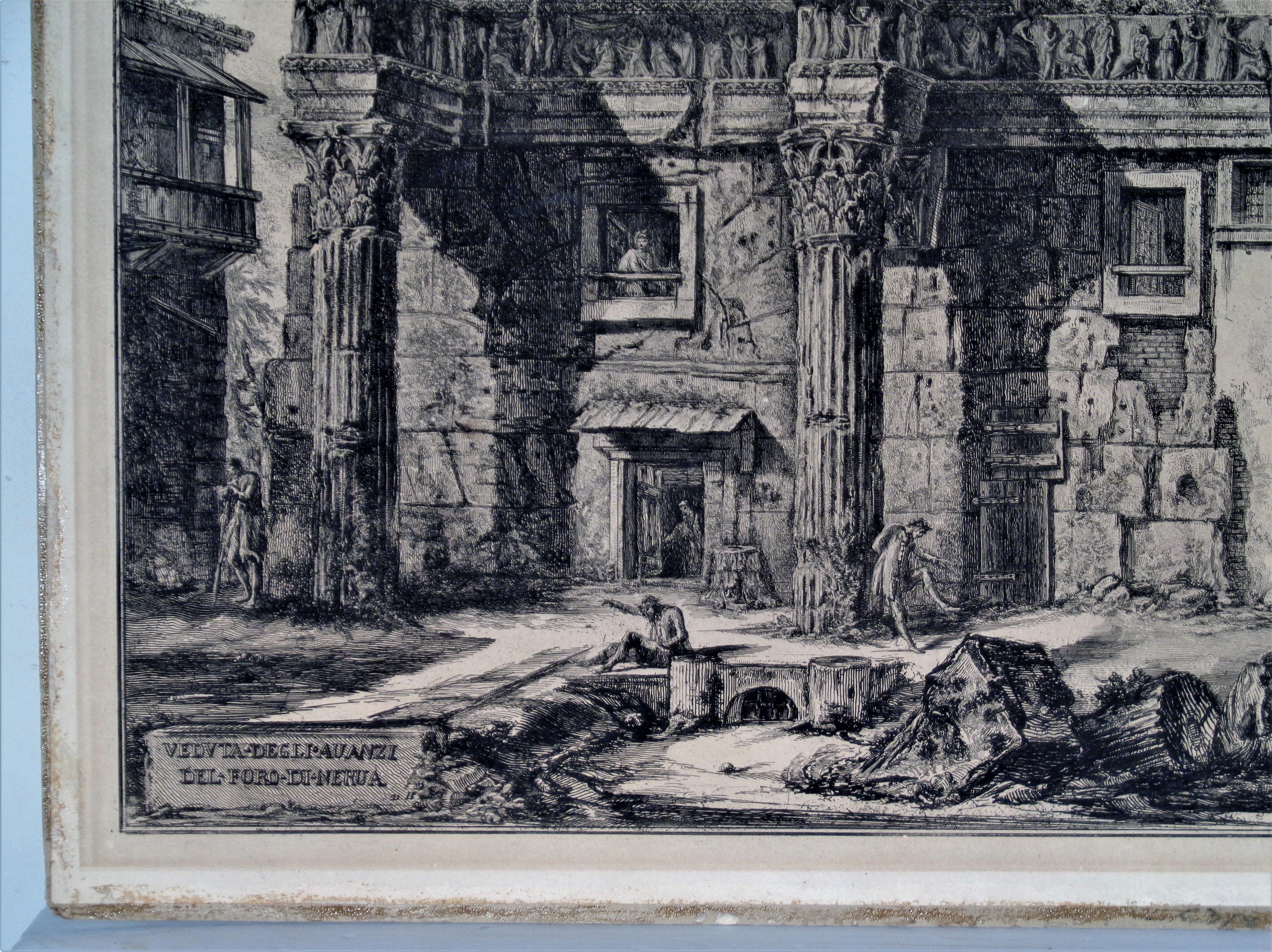 The Forum of Nerva with the Two Half-Buried Corinthian Columns, from Views of Rome, after Giovanni Battista Piranesi ( Italian, 1720-1778 ) by Francesco Piranesi, circa 1800. Etching on heavy ivory laid paper. This sheet measuring 20 3/4 inches high