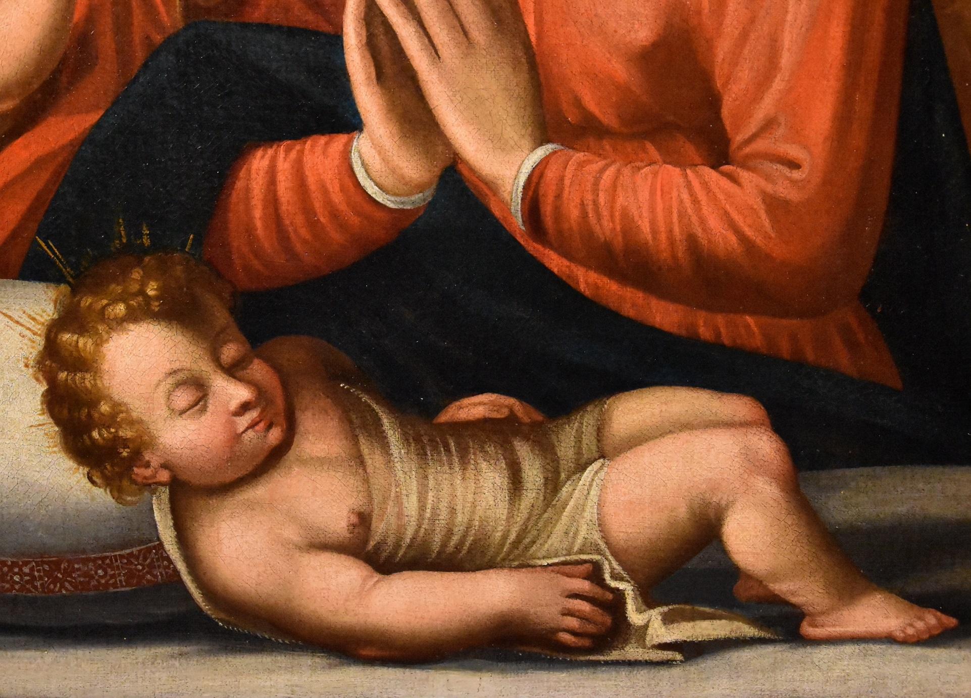 Holy Family Ramenghi Paint Oil on canvas Old master 17th Century Religious Art - Brown Portrait Painting by Giovanni Battista Ramenghi, known as Bagnacavallo (Bologna, 1521 - 1601)