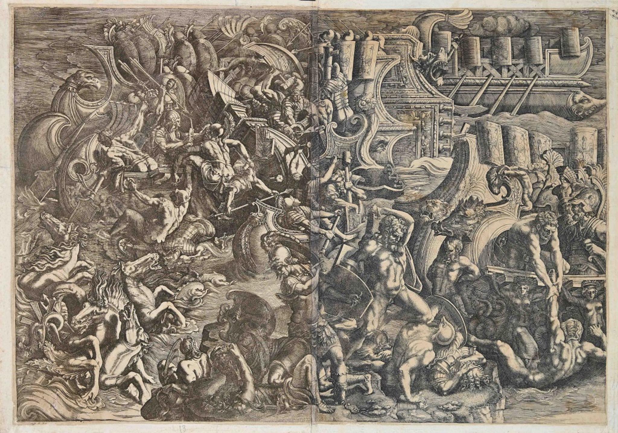 Giovanni Battista Scultori Figurative Print - Naval Battle between Greeks and Trojans - Etching by G. B.Scultori - 1538