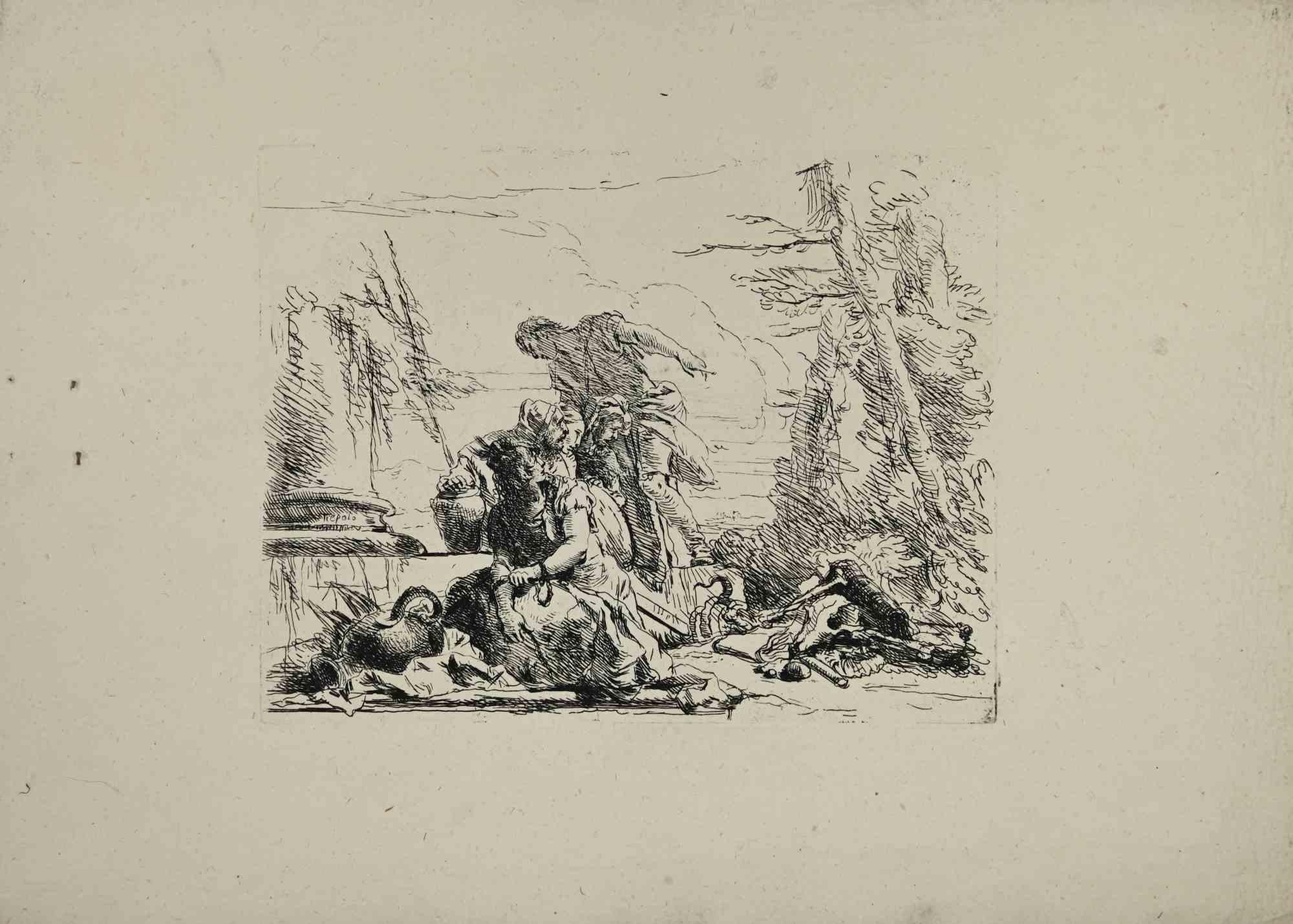Giovanni Battista Tiepolo Figurative Print - Chained Woman and Four Figures - Etching by G.B. Tiepolo - 1785