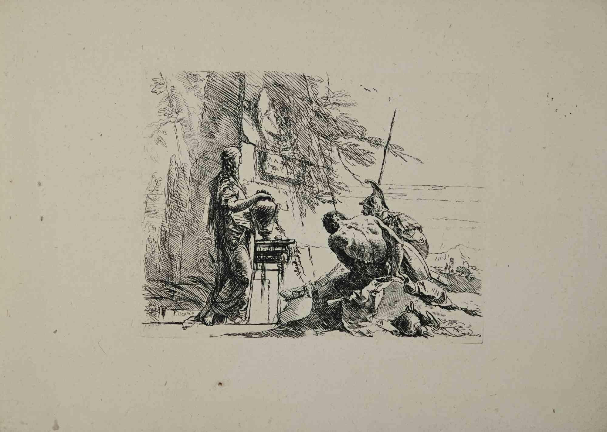 Giovanni Battista Tiepolo Figurative Print – Mann und Soldat mit einer Urne – Radierung von G.B. Tiepolo - 1785