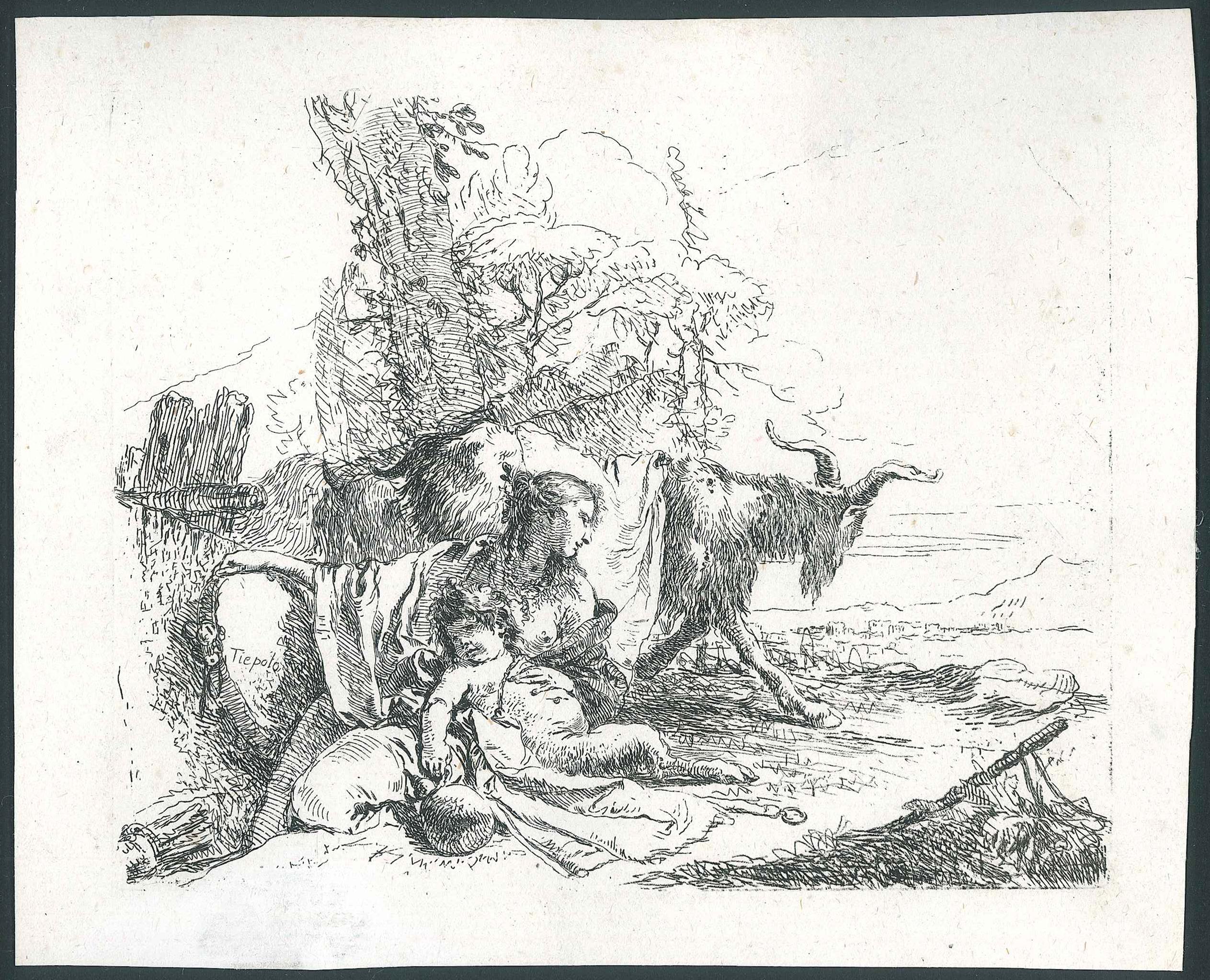 Giovanni Battista Tiepolo Figurative Print - Ninfa con Piccolo Satiro e Due Capre