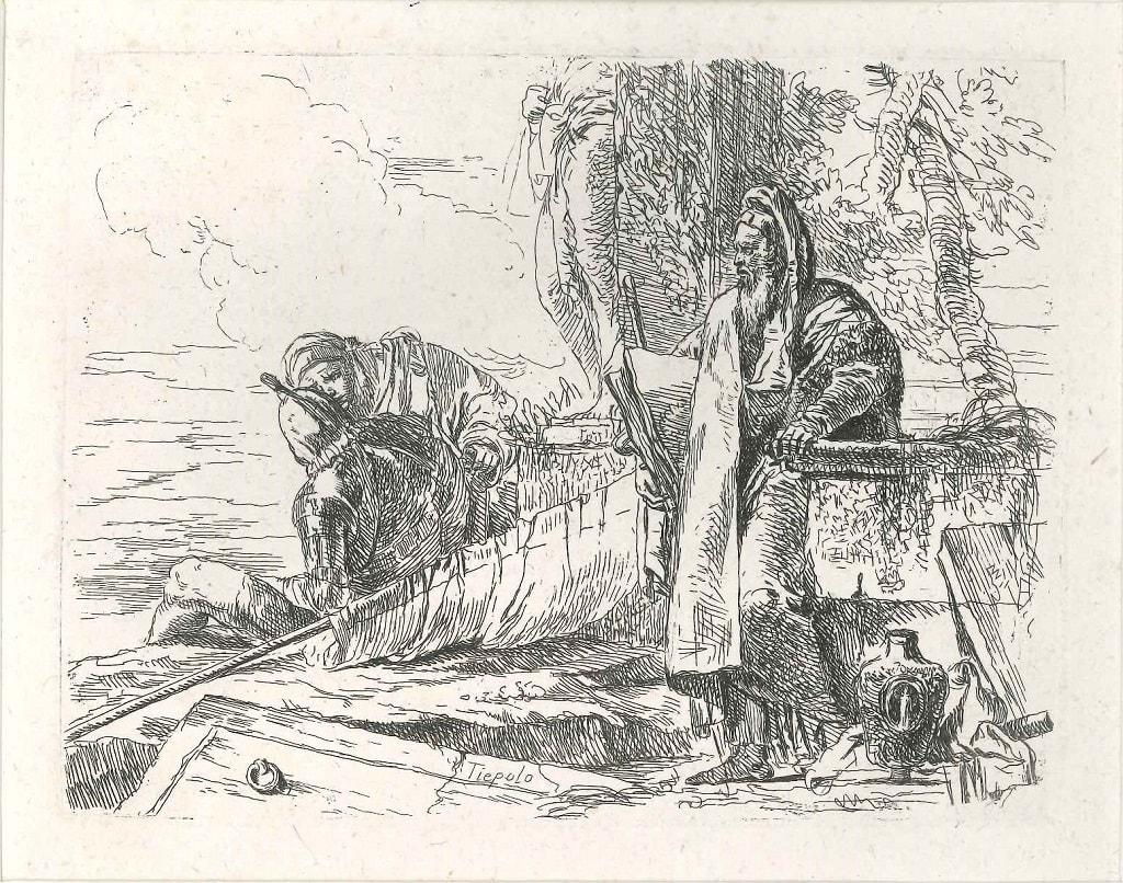 Giovanni Battista Tiepolo Figurative Print - Philosopher Standing with Two Figures - Original Etching by G.B. Tiepolo